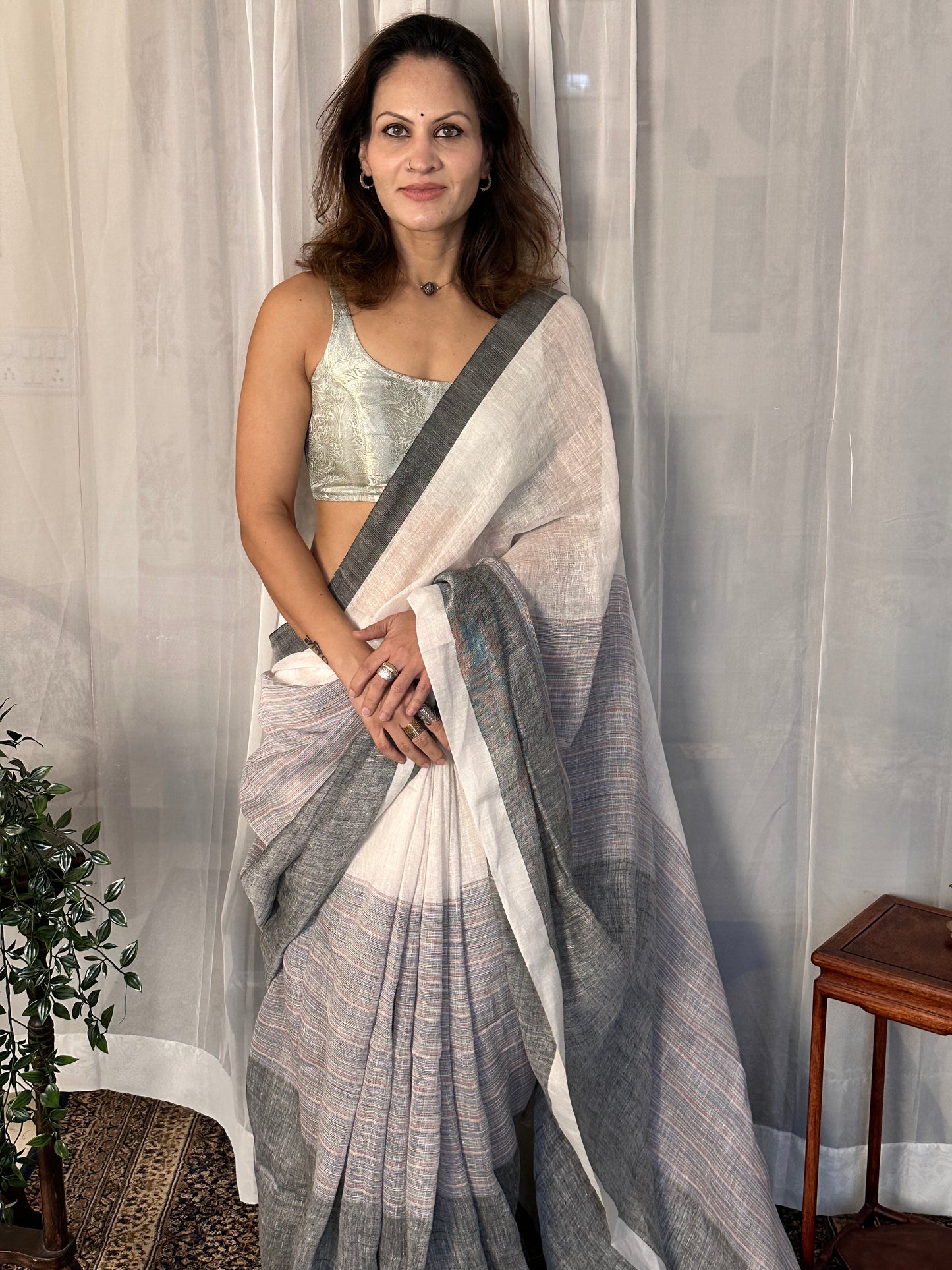 White & Grey Handloom Pure Linen Sari with Multicolor Thread Weaving