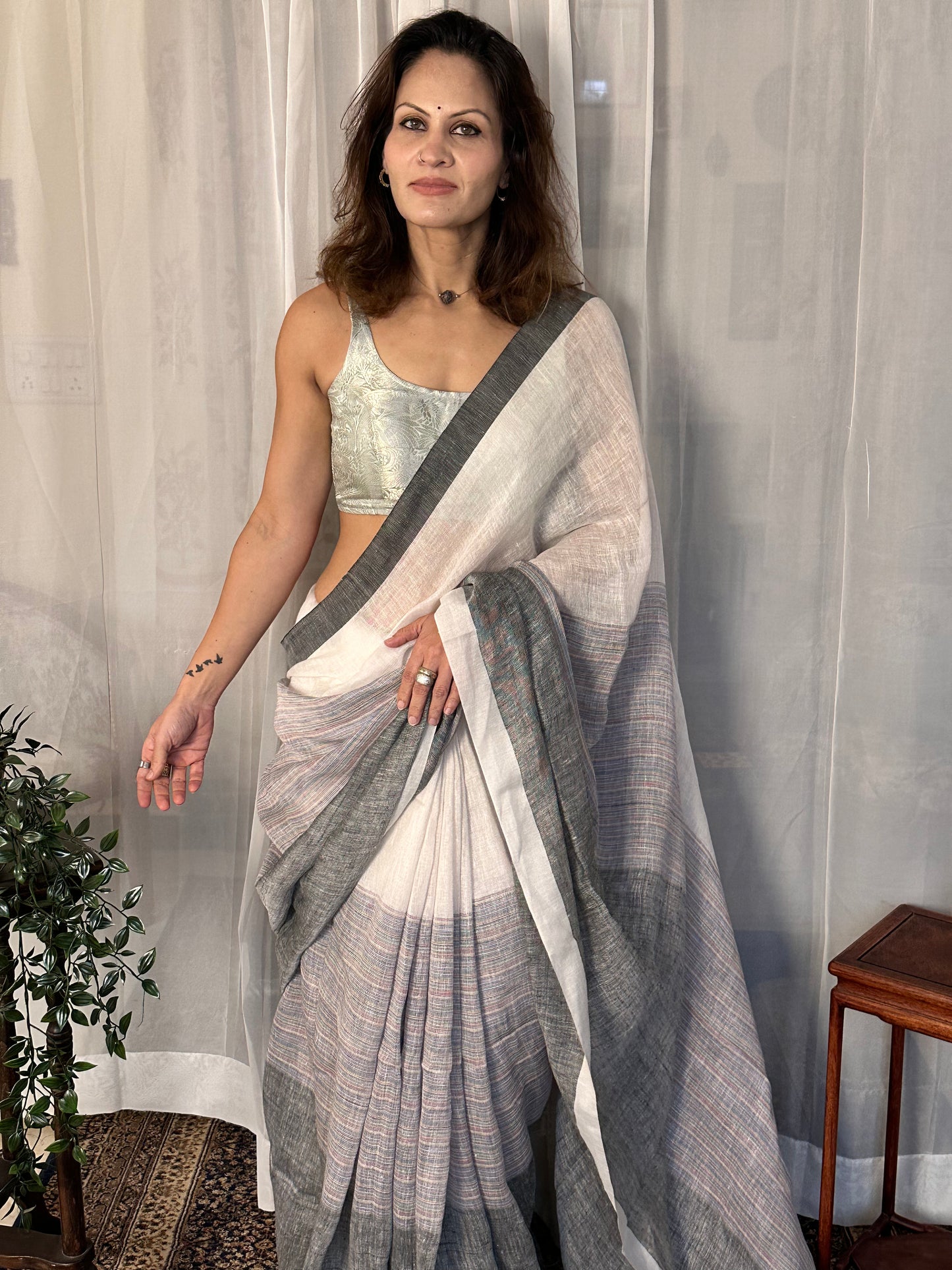 White & Grey Handloom Pure Linen Sari with Multicolor Thread Weaving