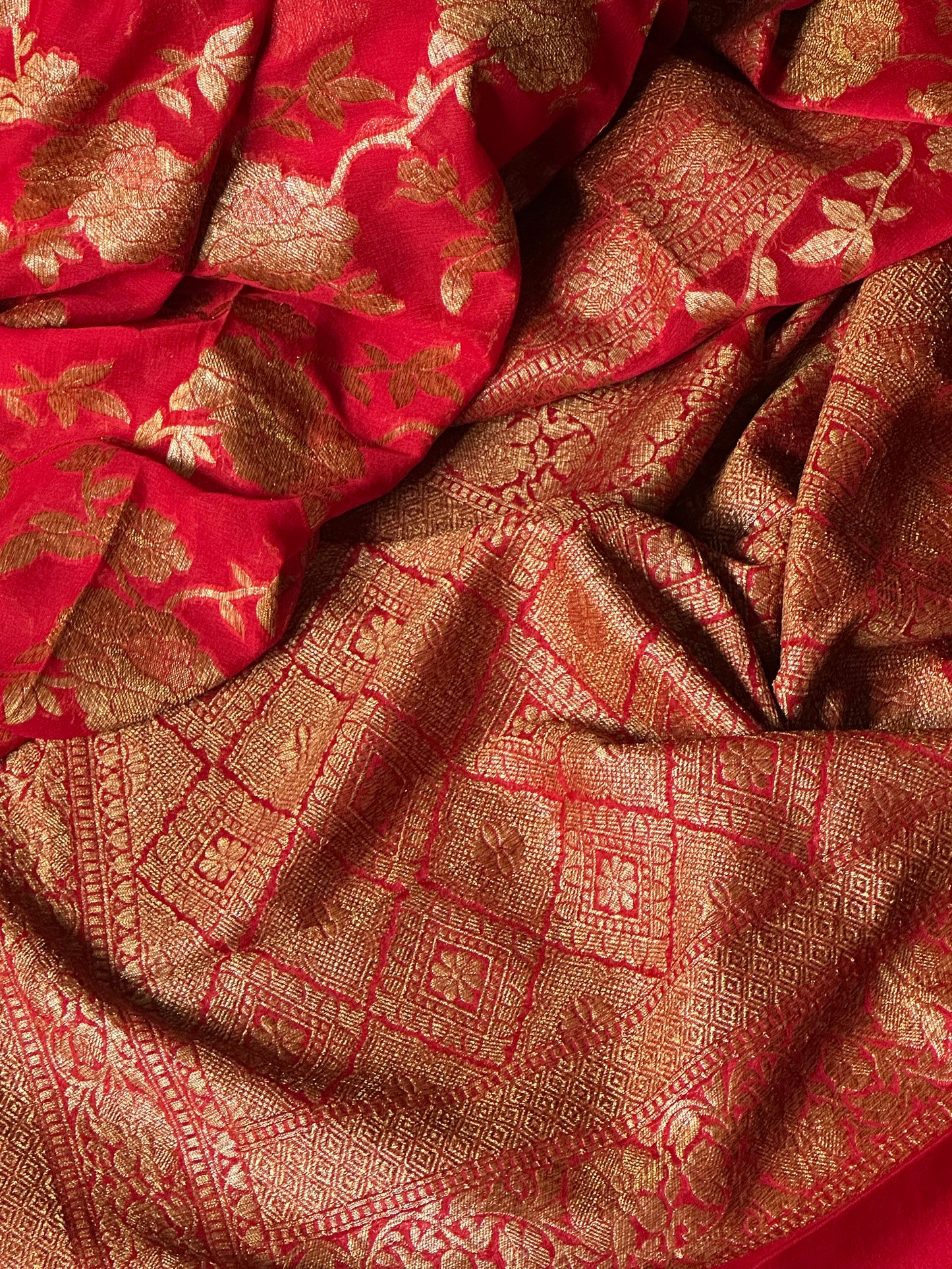 Red & Gold Banarasi Pure Khaadi Georgette Sari - Raahini