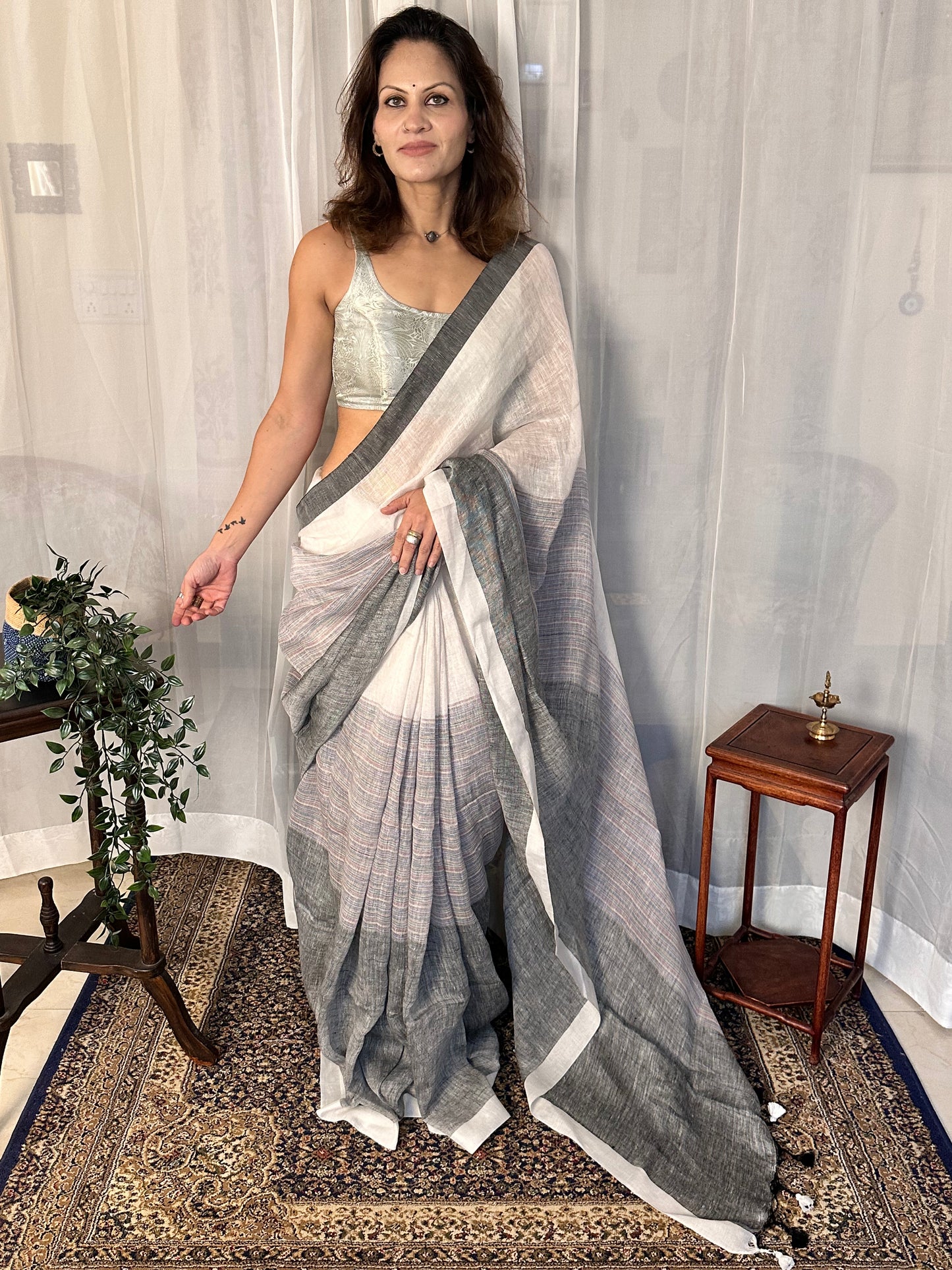 White & Grey Handloom Pure Linen Sari with Multicolor Thread Weaving