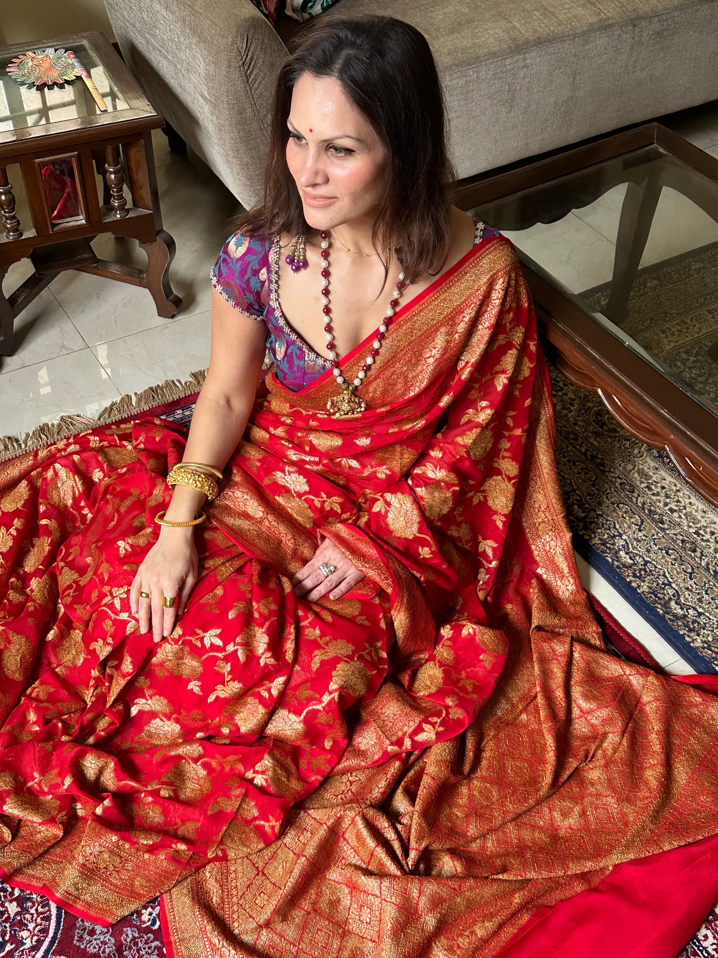 Red & Gold Banarasi Pure Khaadi Georgette Sari - Raahini