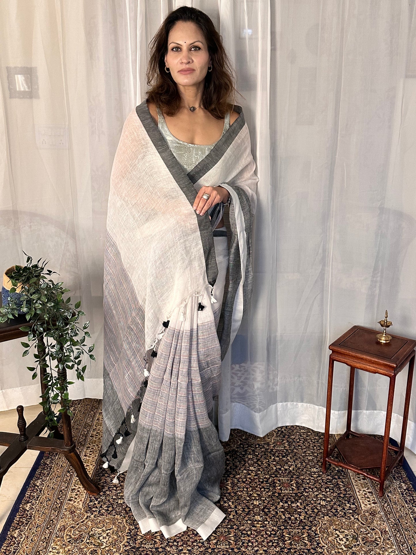 White & Grey Handloom Pure Linen Sari with Multicolor Thread Weaving