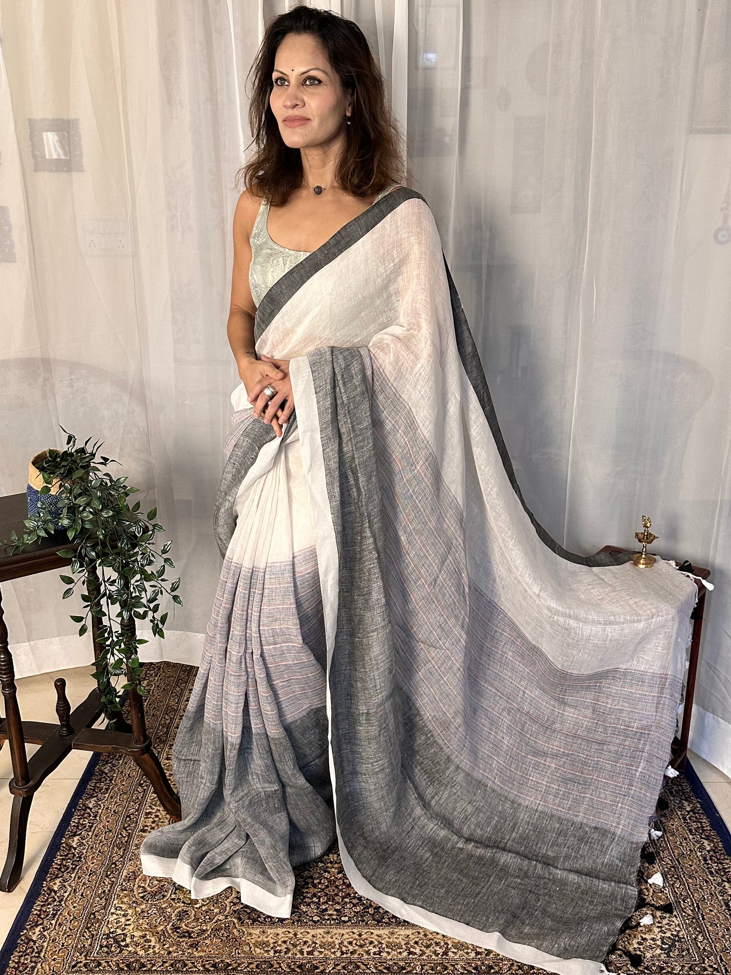 White & Grey Handloom Pure Linen Sari with Multicolor Thread Weaving