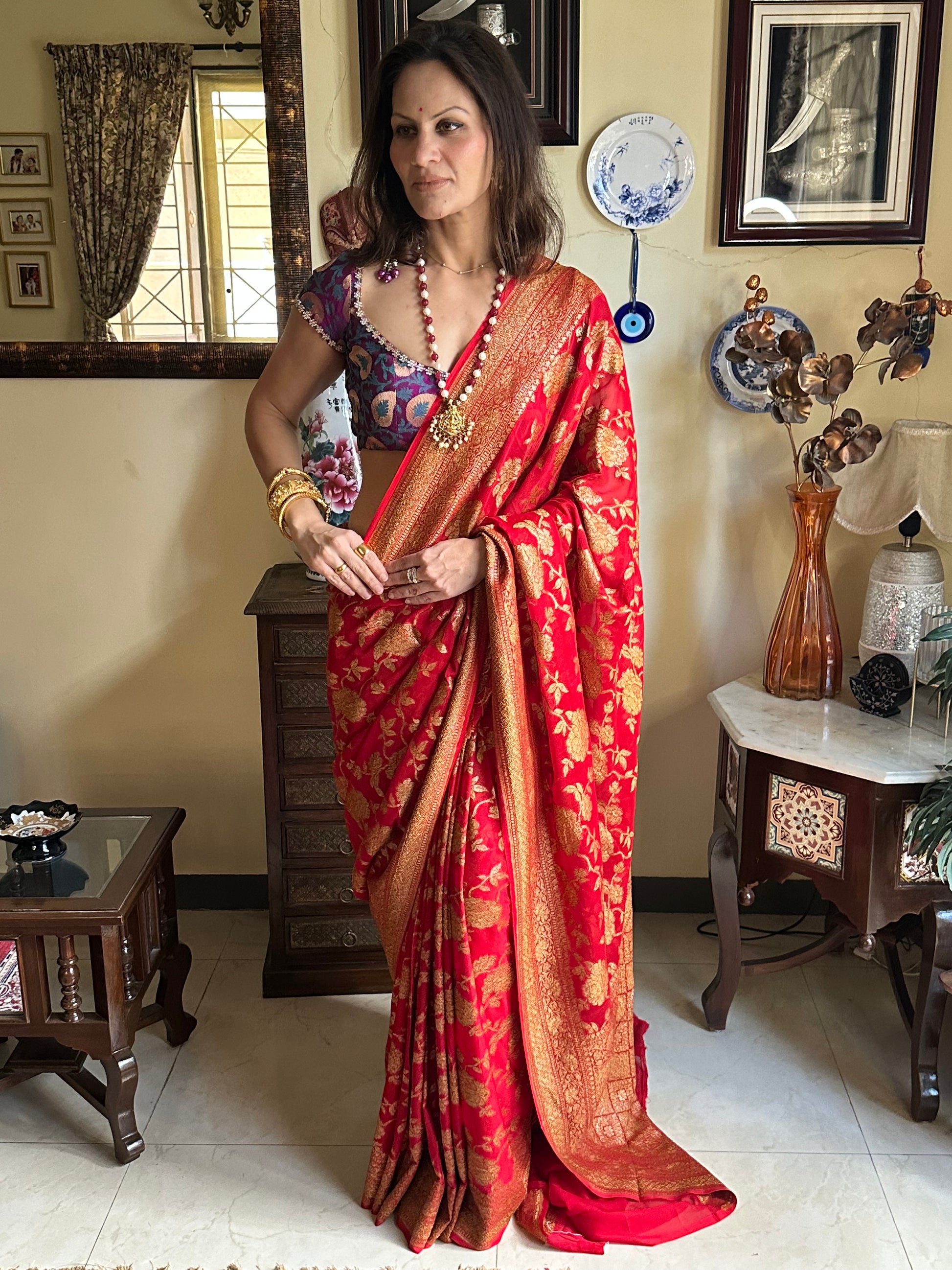 Red & Gold Banarasi Pure Khaadi Georgette Sari - Raahini