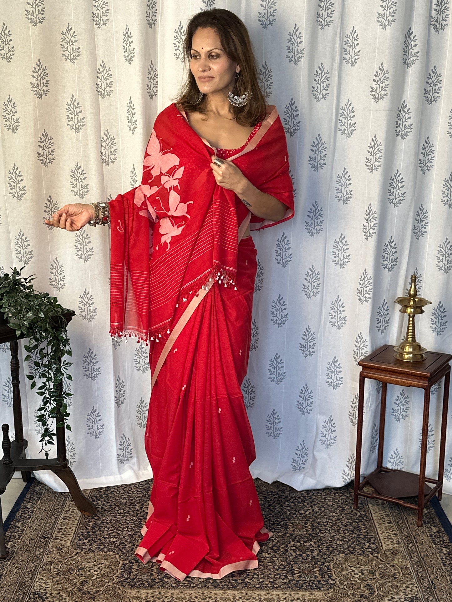 Red Hand Spun Pure Fine Cotton Jamdani Sari with White Woven Butterflies