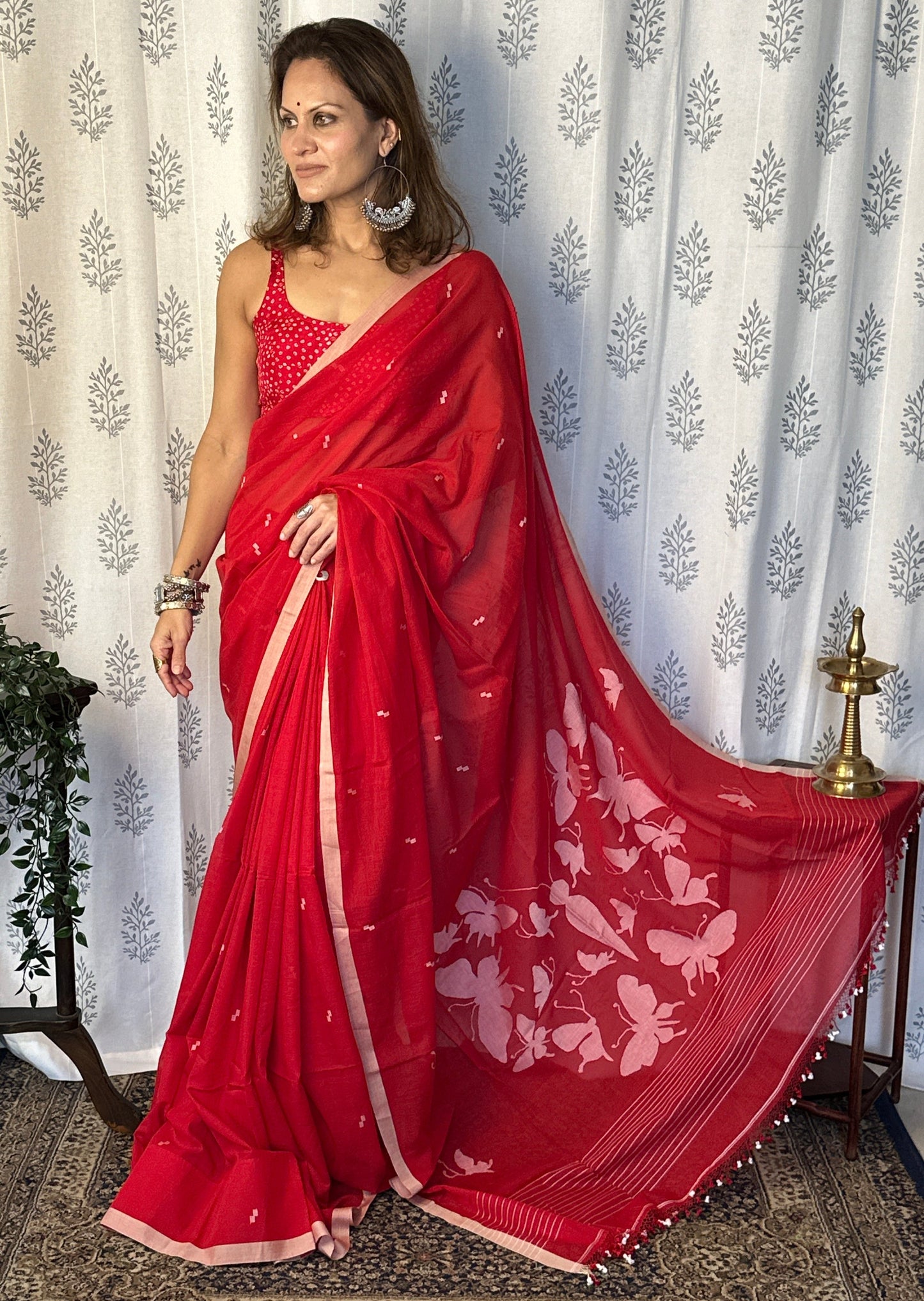 Red Hand Spun Pure Fine Cotton Jamdani Sari with White Woven Butterflies