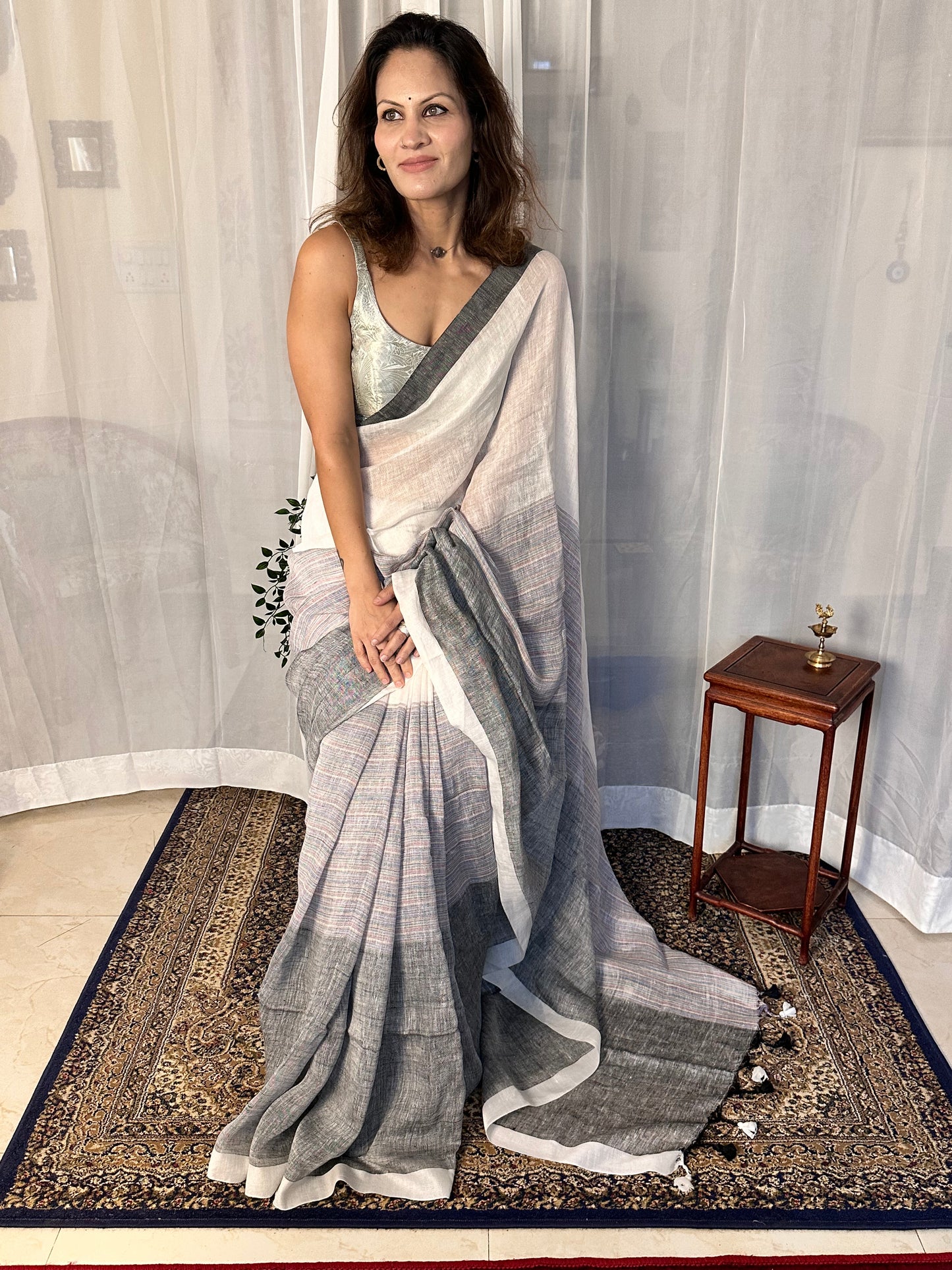 White & Grey Handloom Pure Linen Sari with Multicolor Thread Weaving