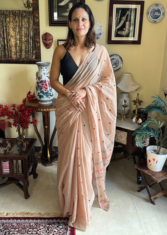 Hand spun pure Cotton jamdani sari with Butis - Raahini