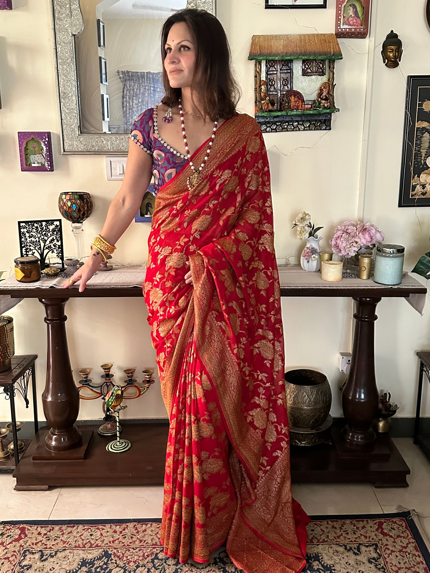 Red & Gold Banarasi Pure Khaadi Georgette Sari - Raahini