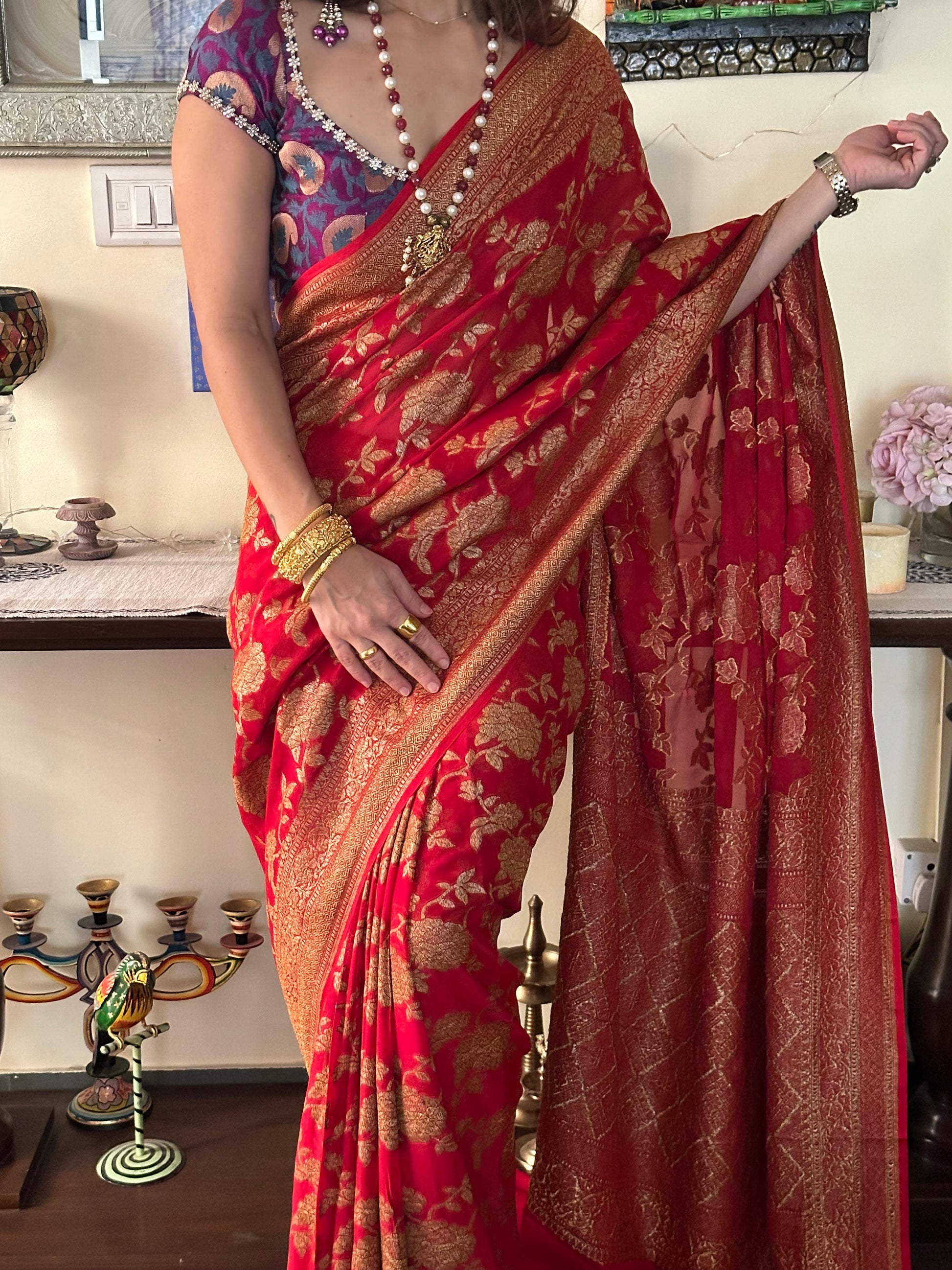 Red & Gold Banarasi Pure Khaadi Georgette Sari - Raahini