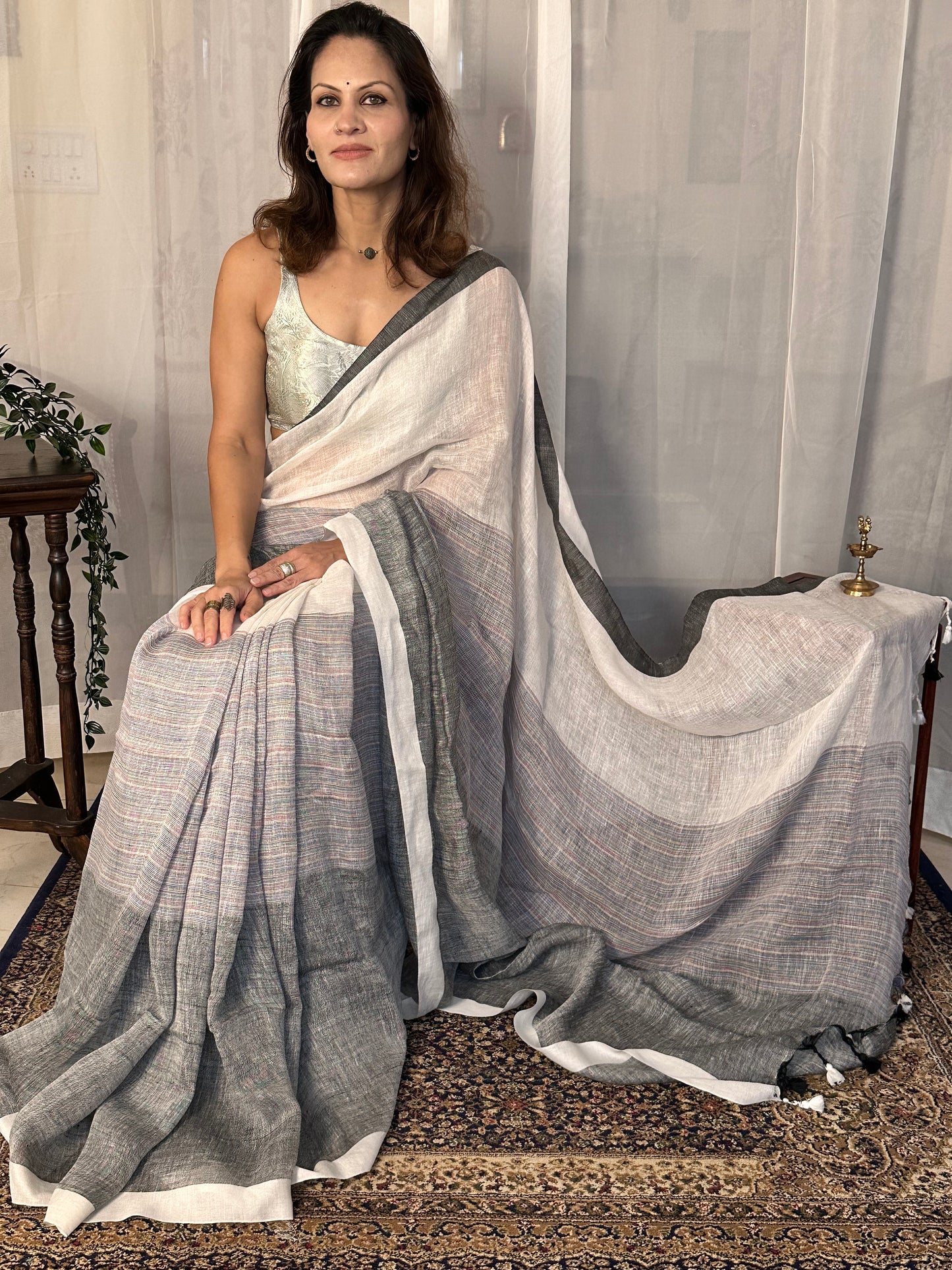 White & Grey Handloom Pure Linen Sari with Multicolor Thread Weaving