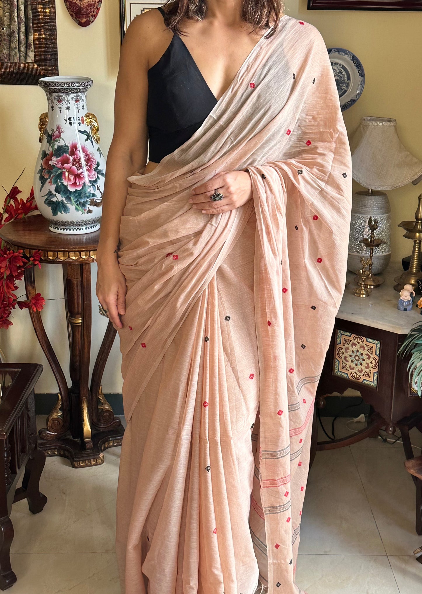 Hand spun pure Cotton jamdani sari with Butis - Raahini