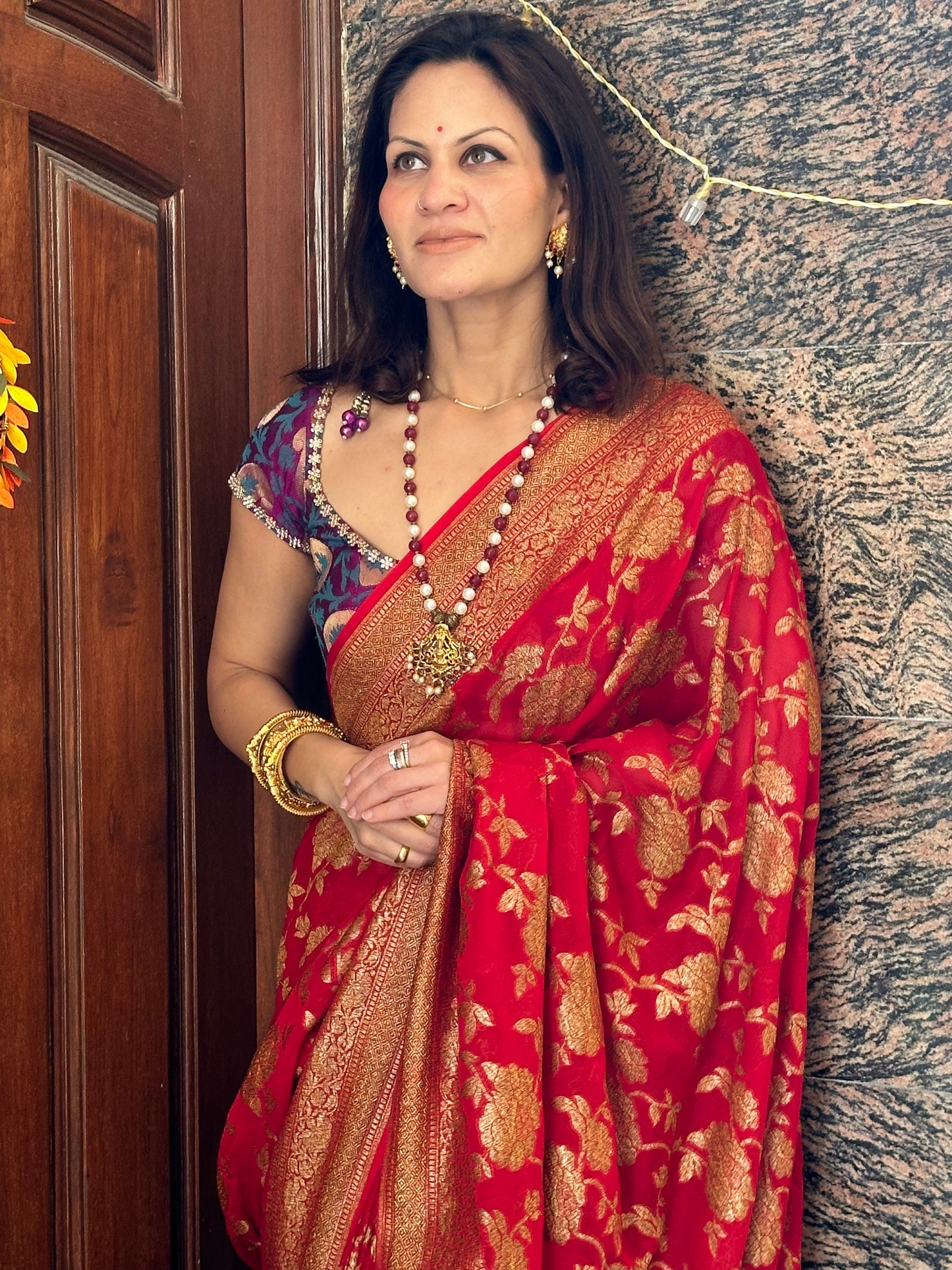 Red & Gold Banarasi Pure Khaadi Georgette Sari - Raahini