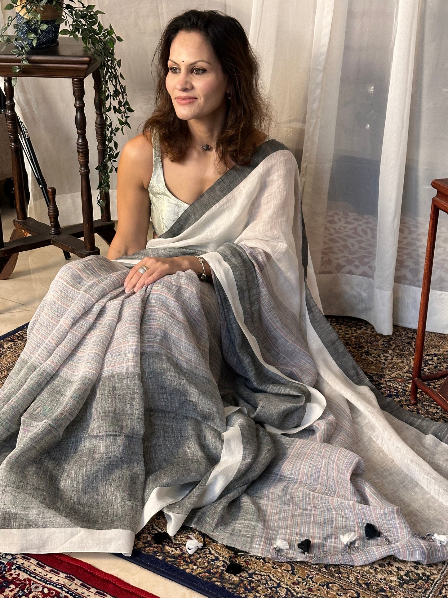 White & Grey Handloom Pure Linen Sari with Multicolor Thread Weaving