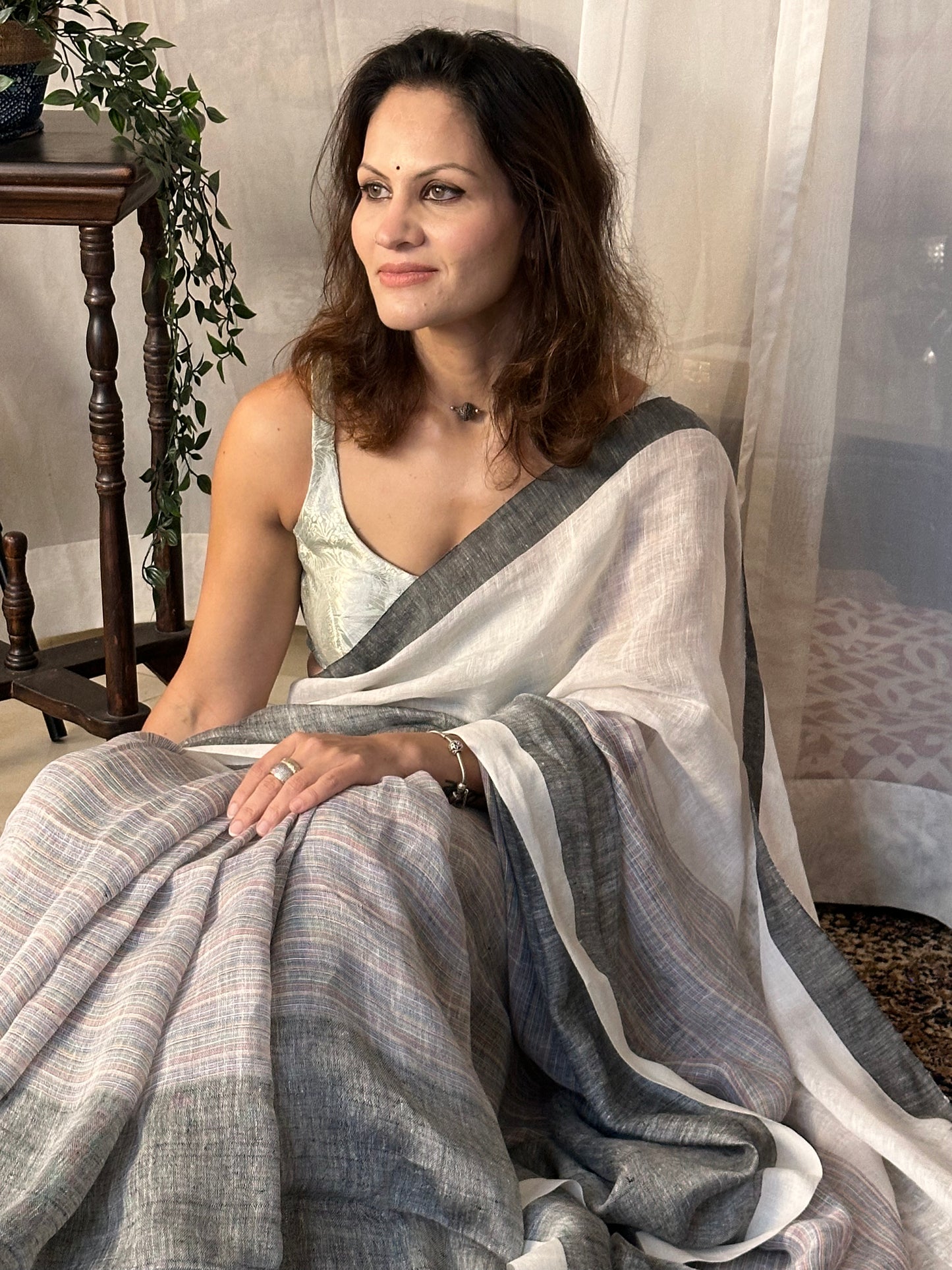 White & Grey Handloom Pure Linen Sari with Multicolor Thread Weaving