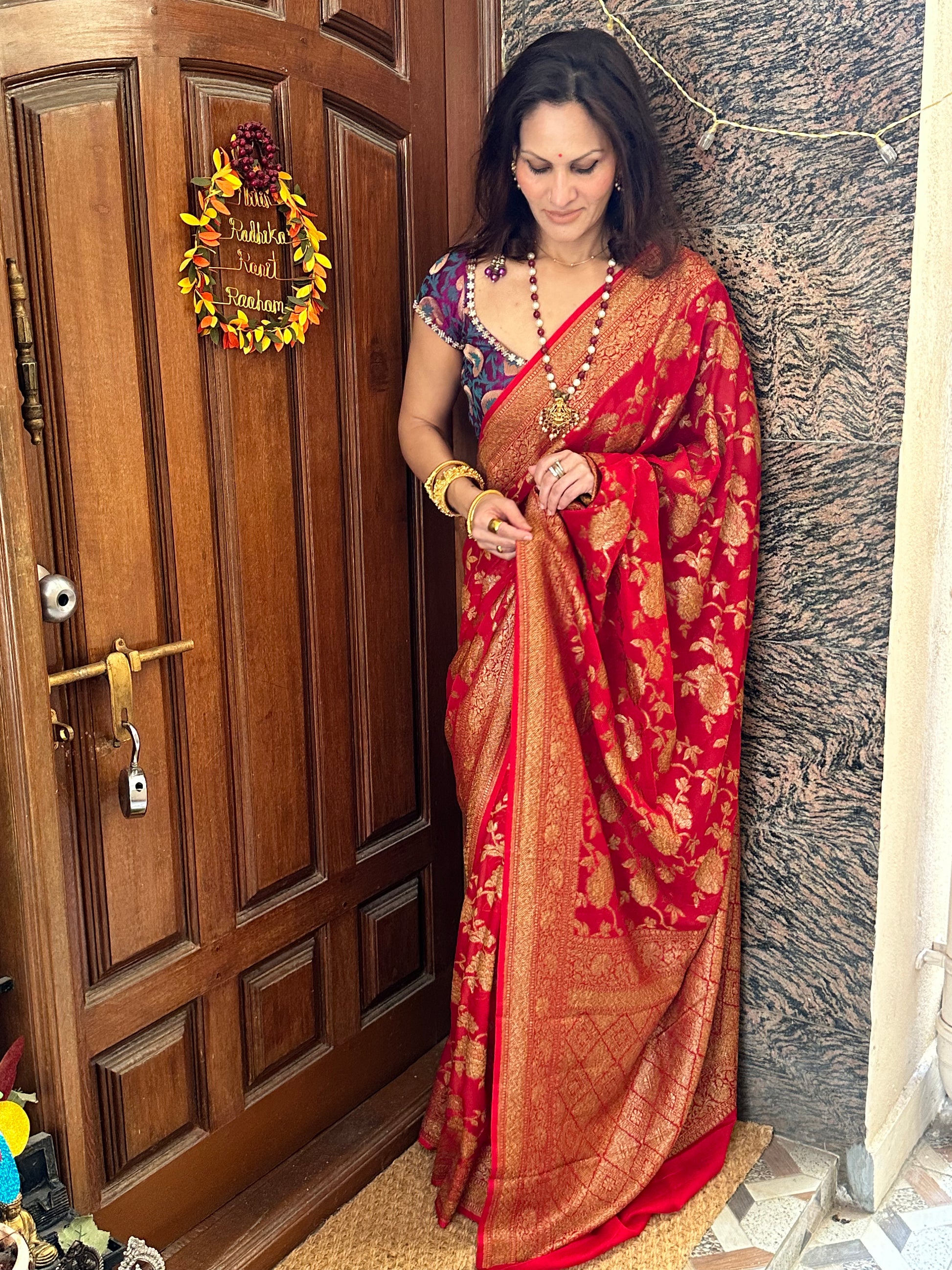 Red & Gold Banarasi Pure Khaadi Georgette Sari - Raahini