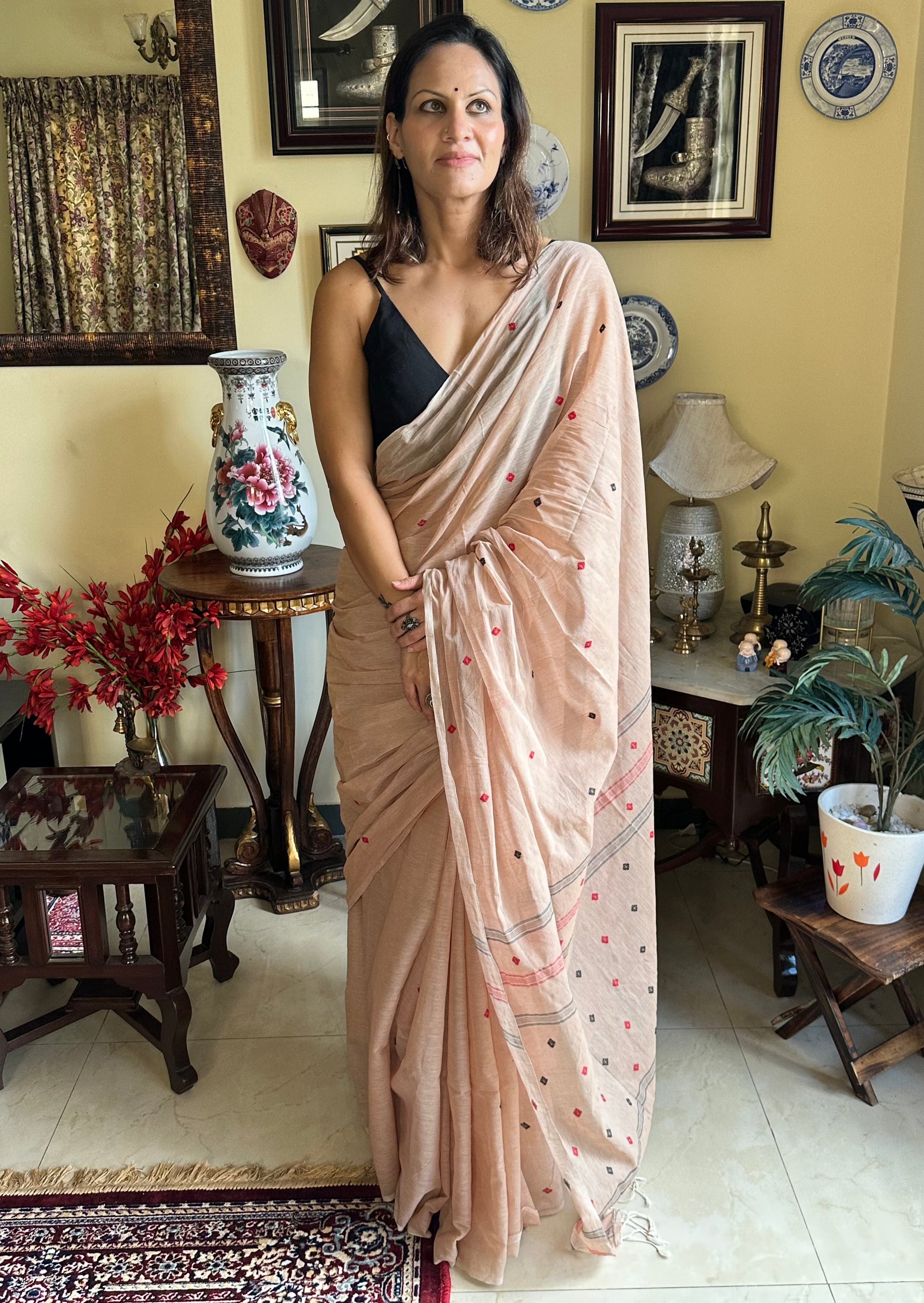 Hand spun pure Cotton jamdani sari with Butis - Raahini