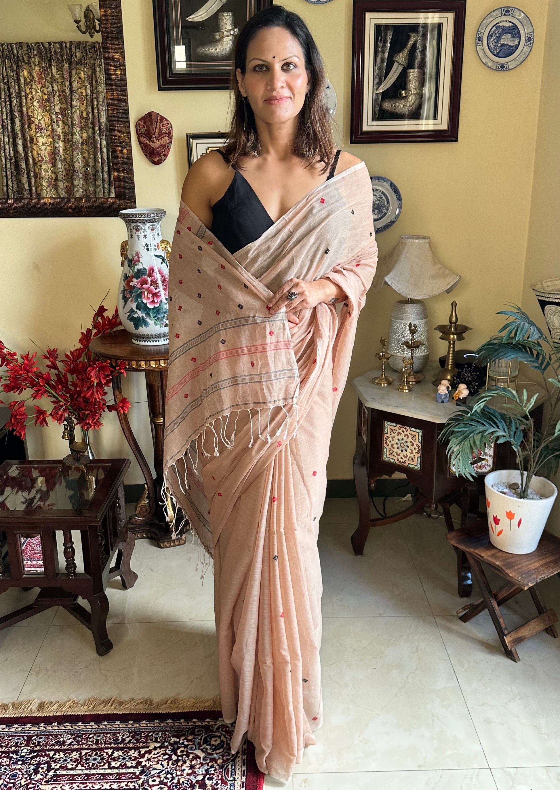 Hand spun pure Cotton jamdani sari with Butis - Raahini