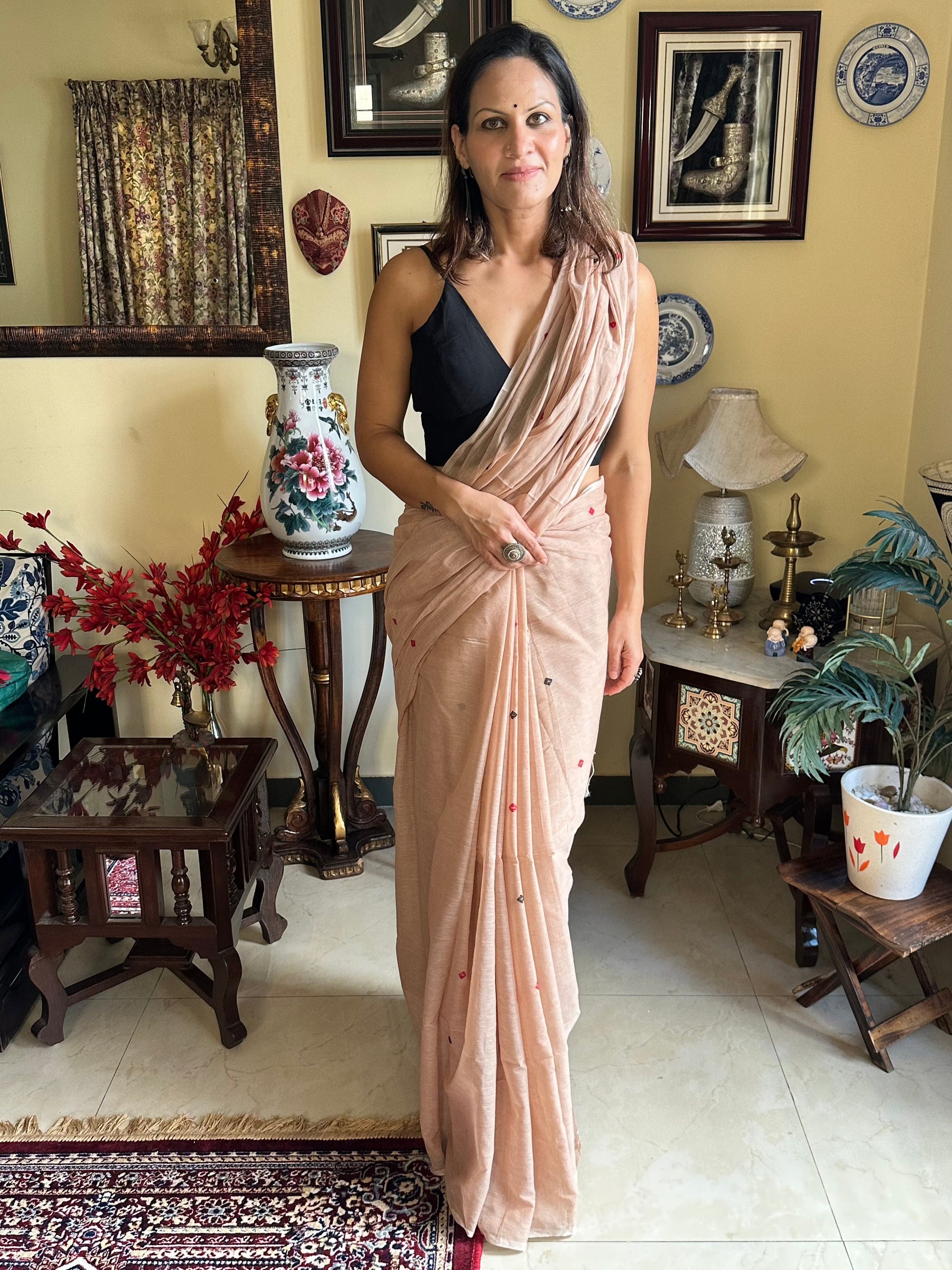 Hand spun pure Cotton jamdani sari with Butis - Raahini