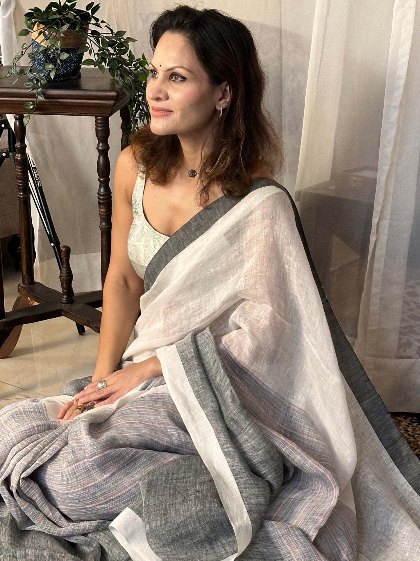 White & Grey Handloom Pure Linen Sari with Multicolor Thread Weaving