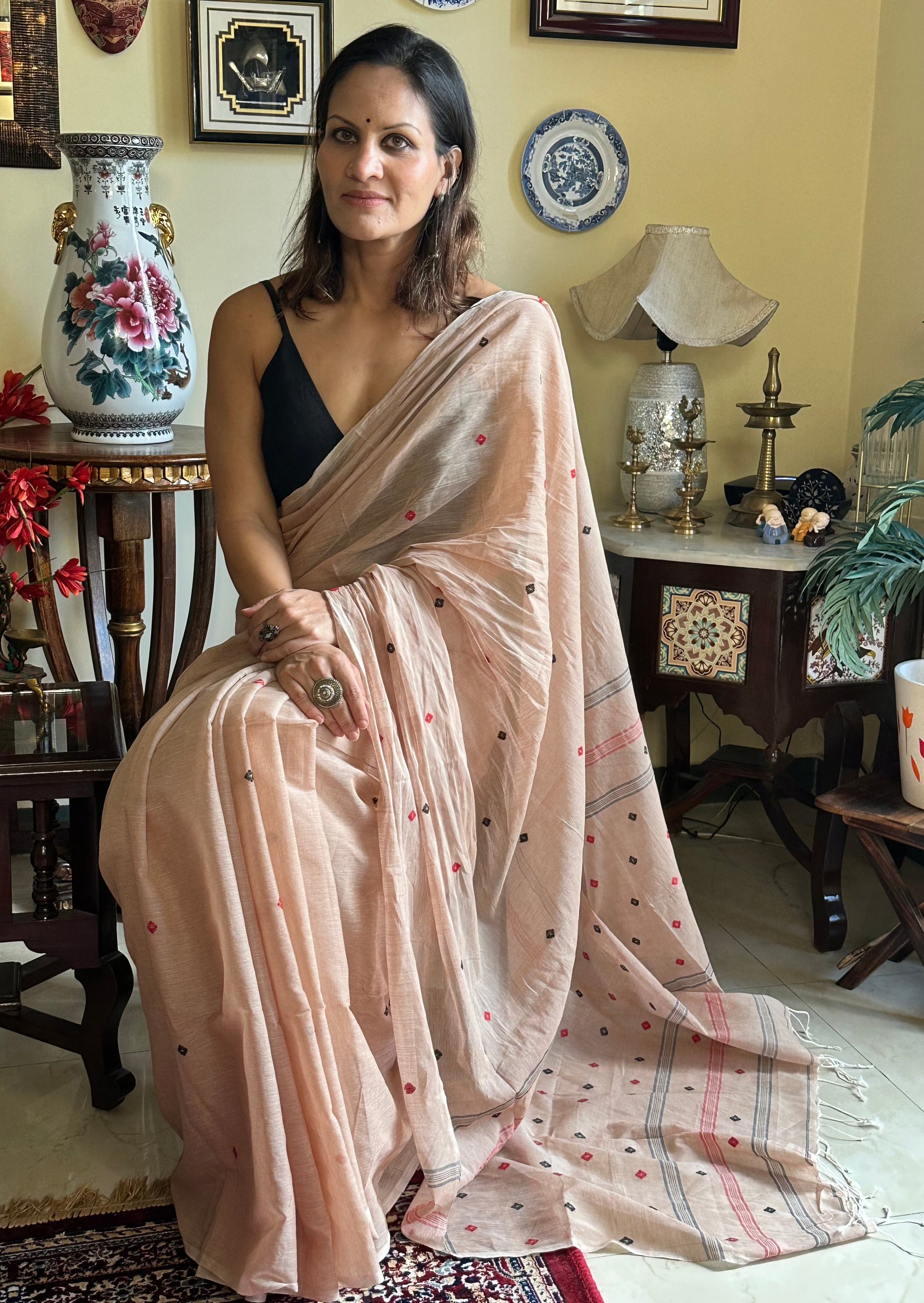 Hand spun pure Cotton jamdani sari with Butis - Raahini