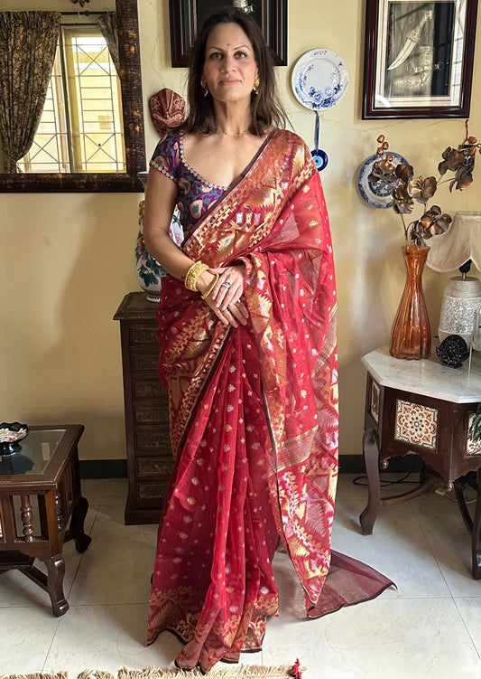 Maroon Jacquard Weaving Cotton Silk Jamdani Sari with Zari Work - Raahini