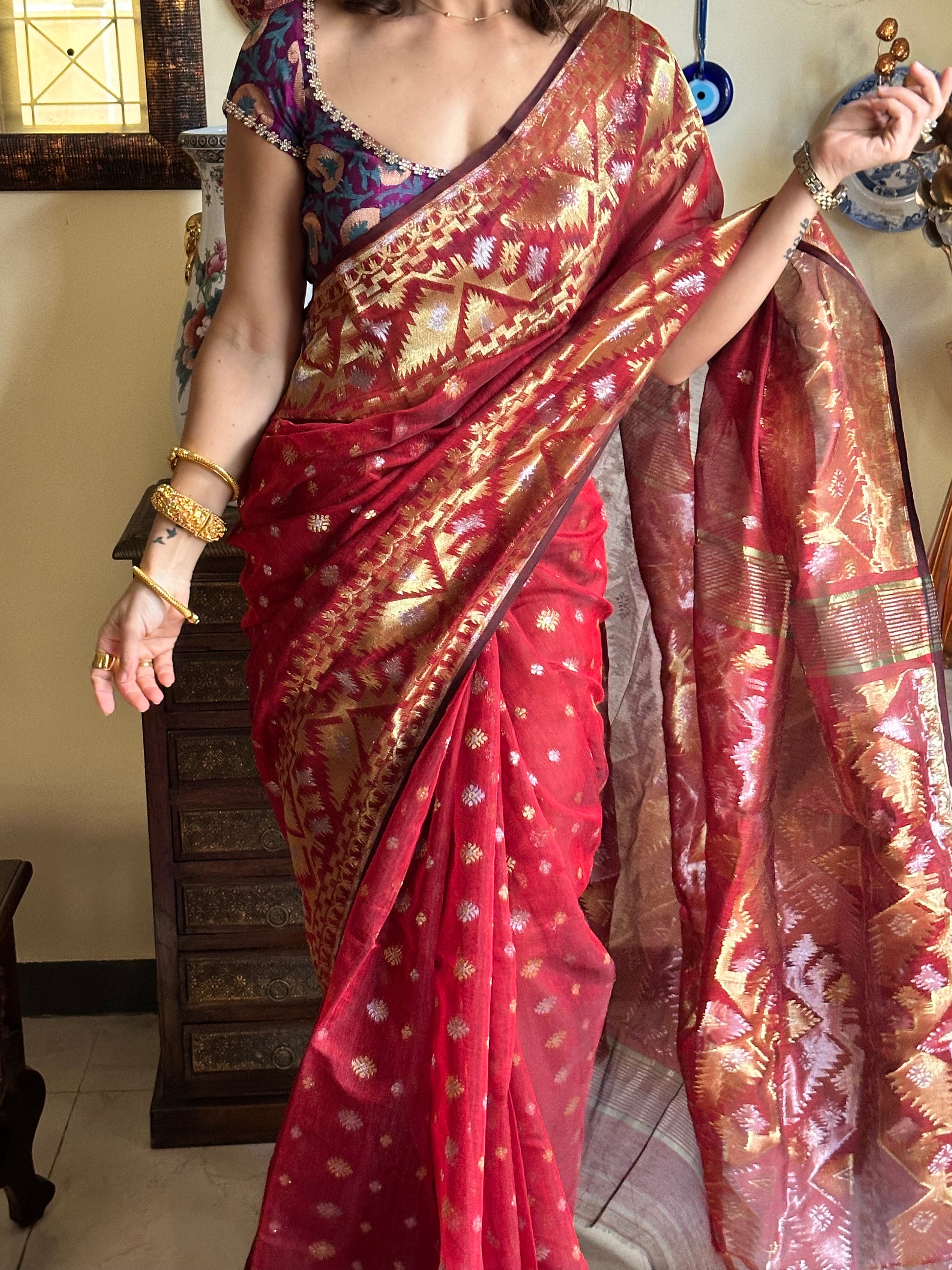 Maroon Jacquard Weaving Cotton Silk Jamdani Sari with Zari Work - Raahini