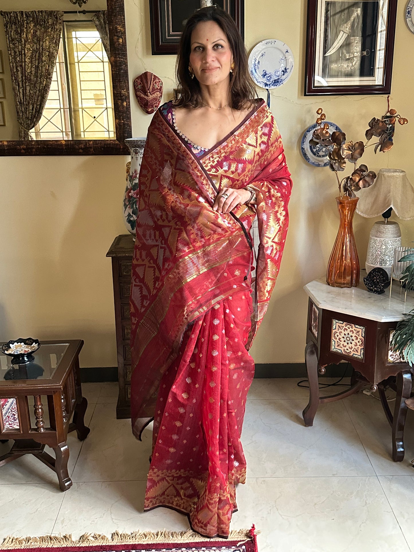 Maroon Jacquard Weaving Cotton Silk Jamdani Sari with Zari Work - Raahini