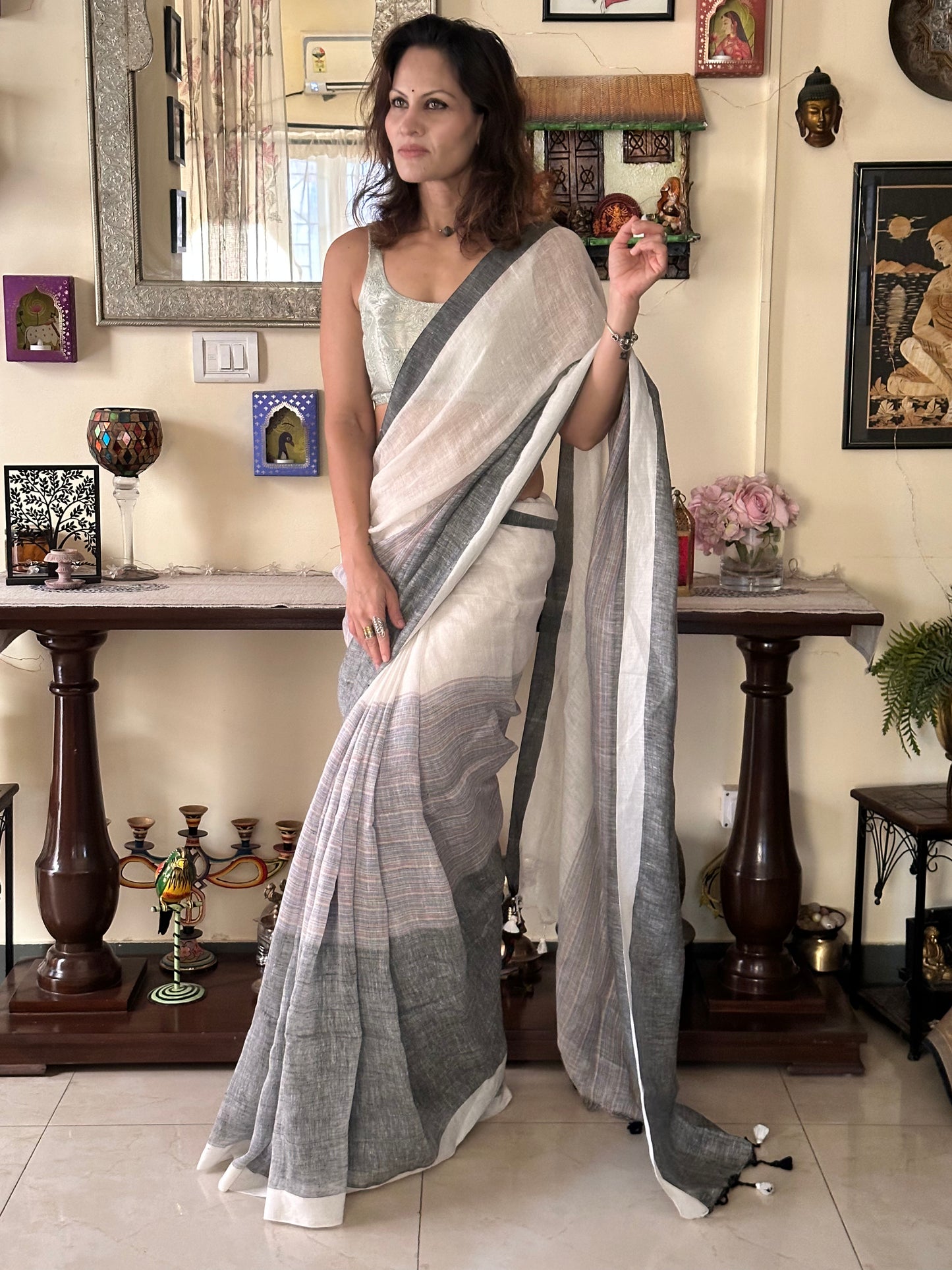 White & Grey Handloom Pure Linen Sari with Multicolor Thread Weaving