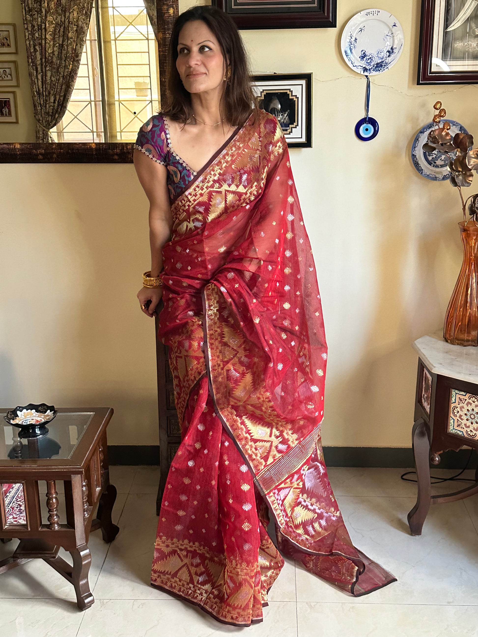 Maroon Jacquard Weaving Cotton Silk Jamdani Sari with Zari Work - Raahini