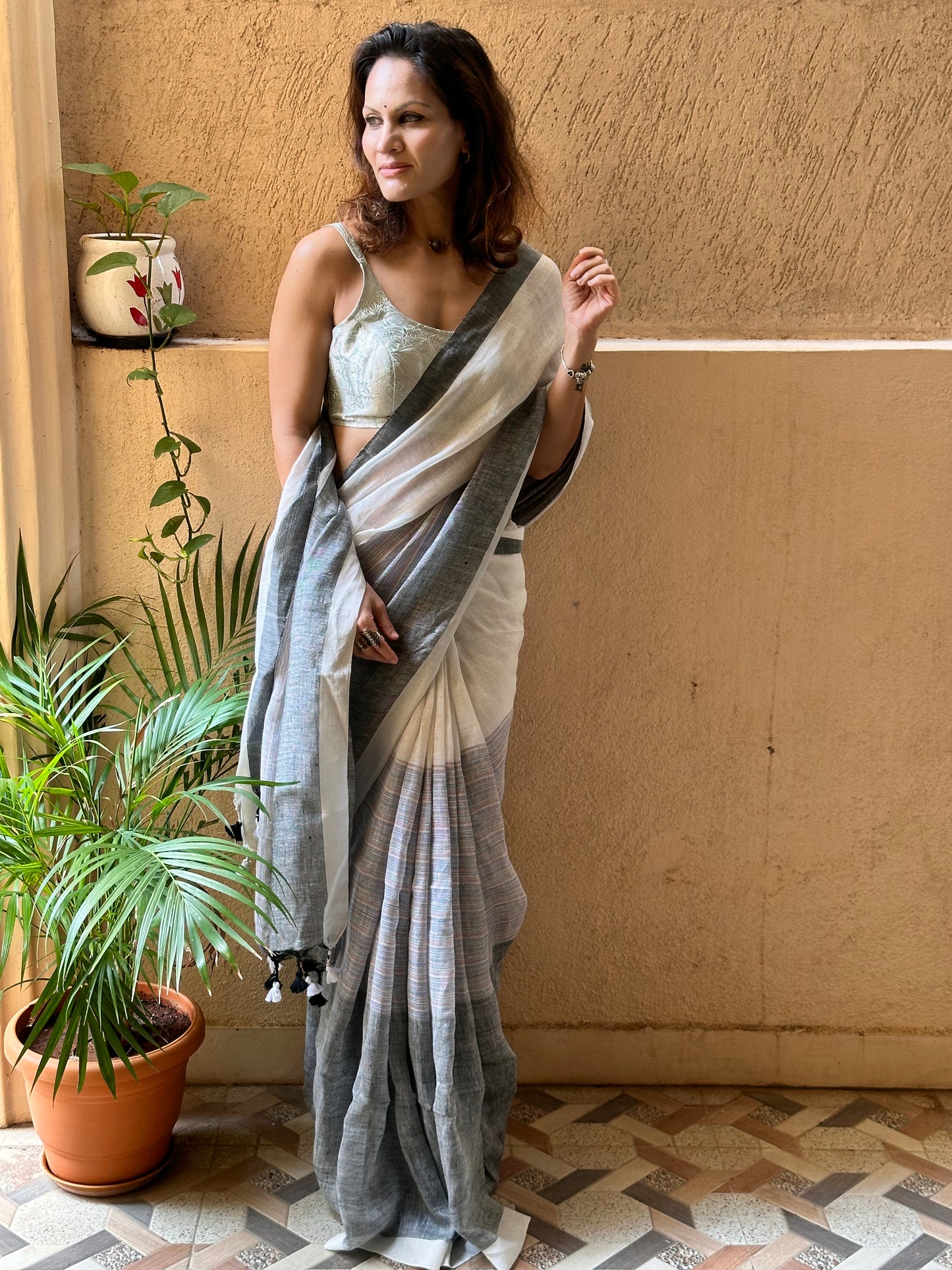 White & Grey Handloom Pure Linen Sari with Multicolor Thread Weaving