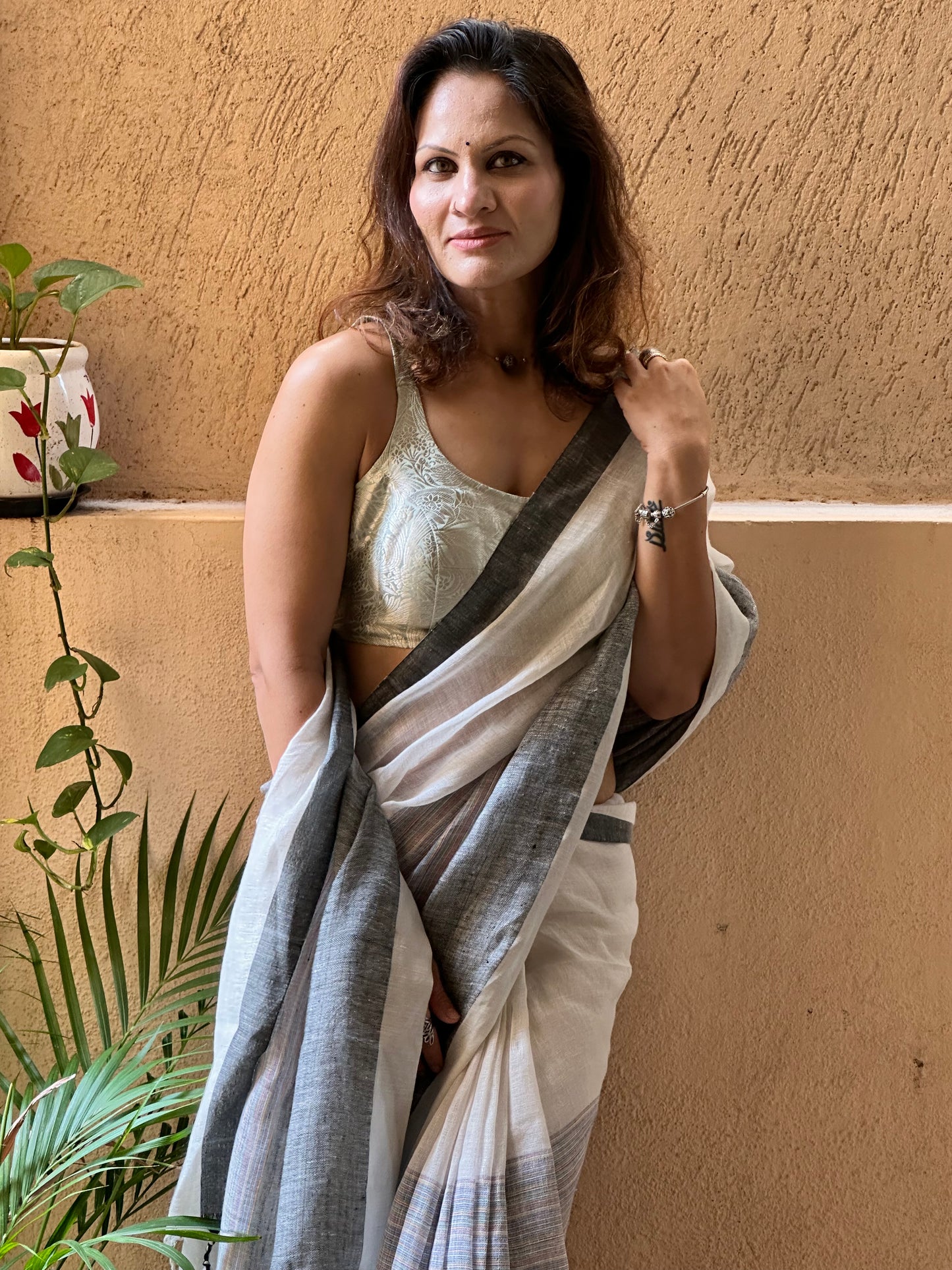 White & Grey Handloom Pure Linen Sari with Multicolor Thread Weaving