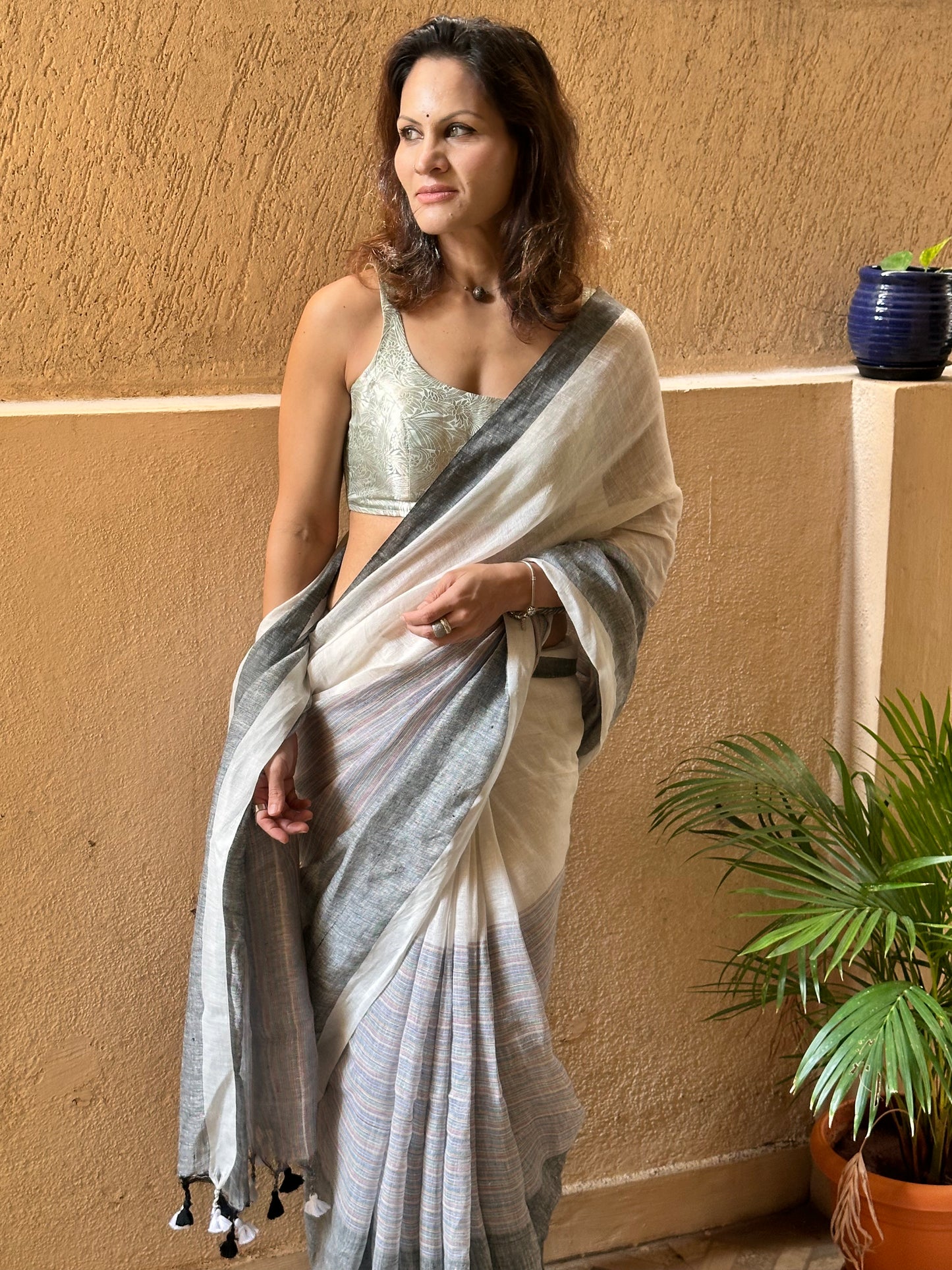 White & Grey Handloom Pure Linen Sari with Multicolor Thread Weaving