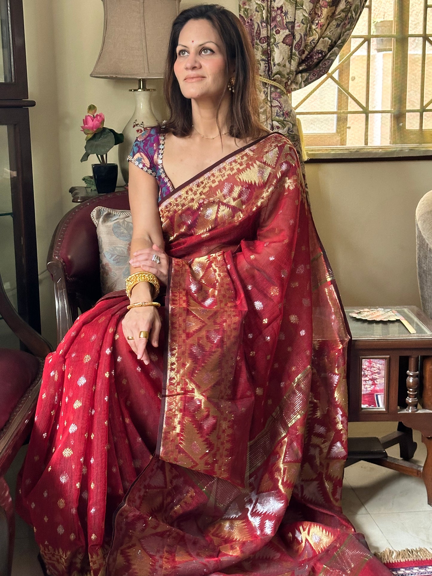 Maroon Jacquard Weaving Cotton Silk Jamdani Sari with Zari Work - Raahini