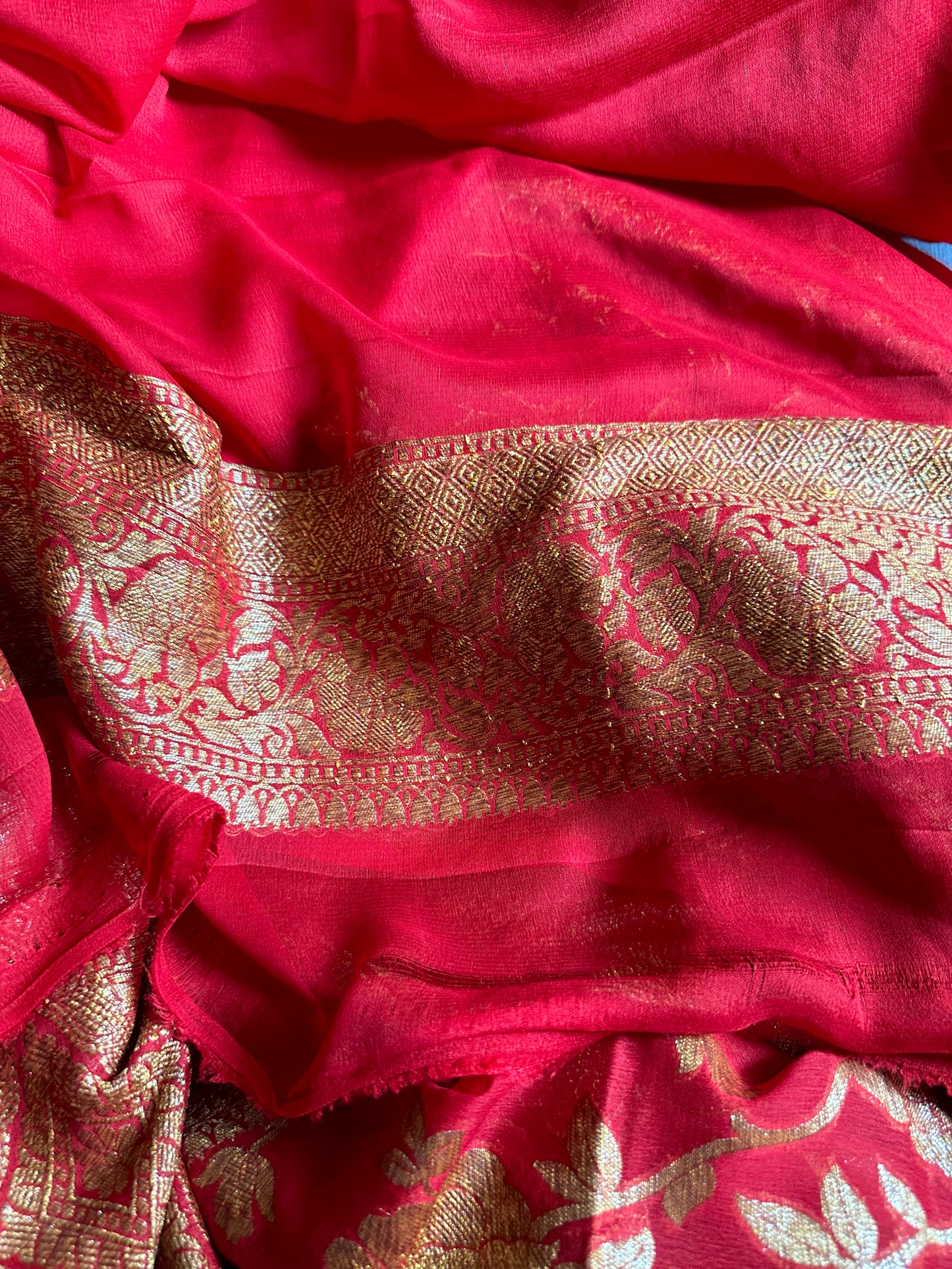 Red & Gold Banarasi Pure Khaadi Georgette Sari - Raahini