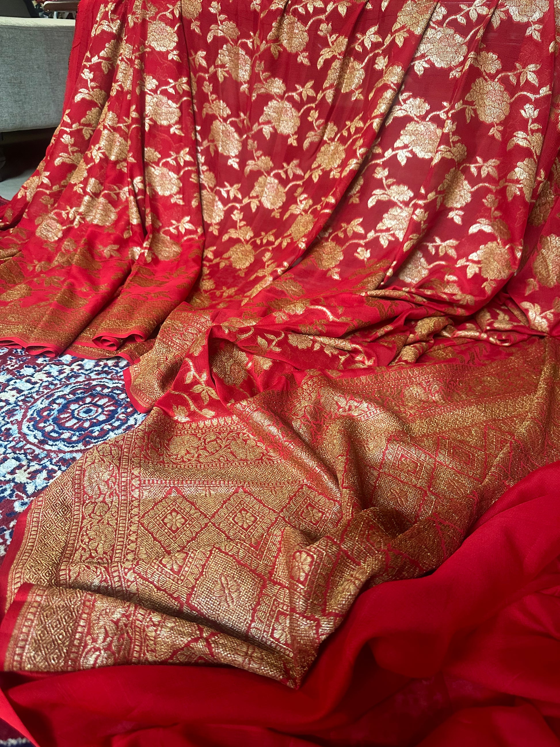 Red & Gold Banarasi Pure Khaadi Georgette Sari - Raahini