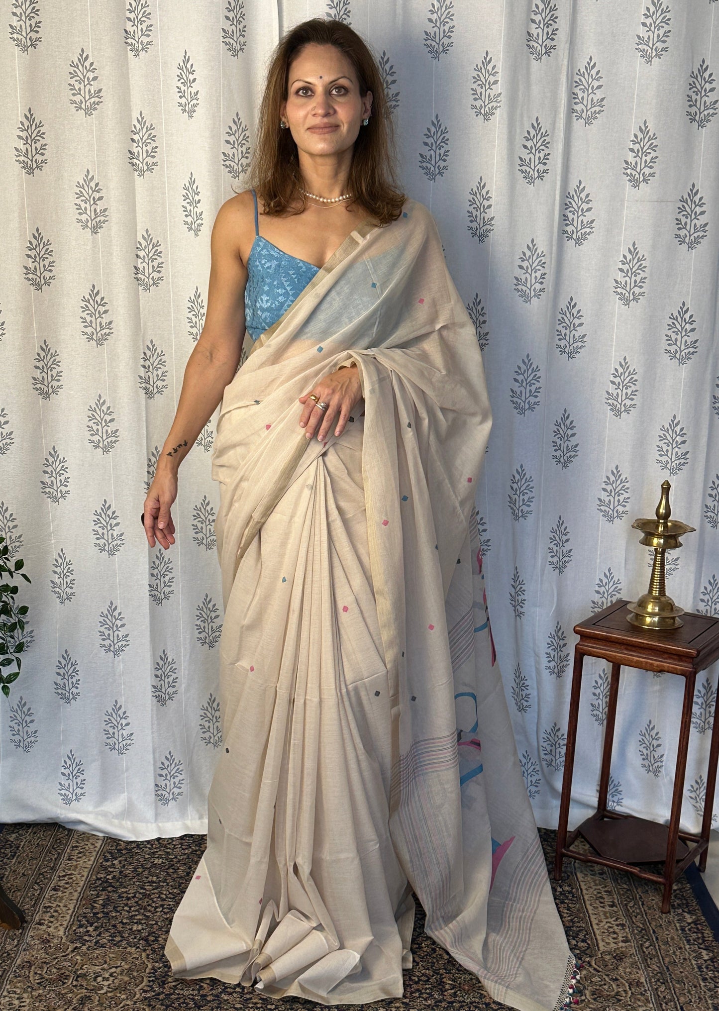 Cream Hand Spun Pure Fine Cotton Jamdani Sari with Intricate Needlework