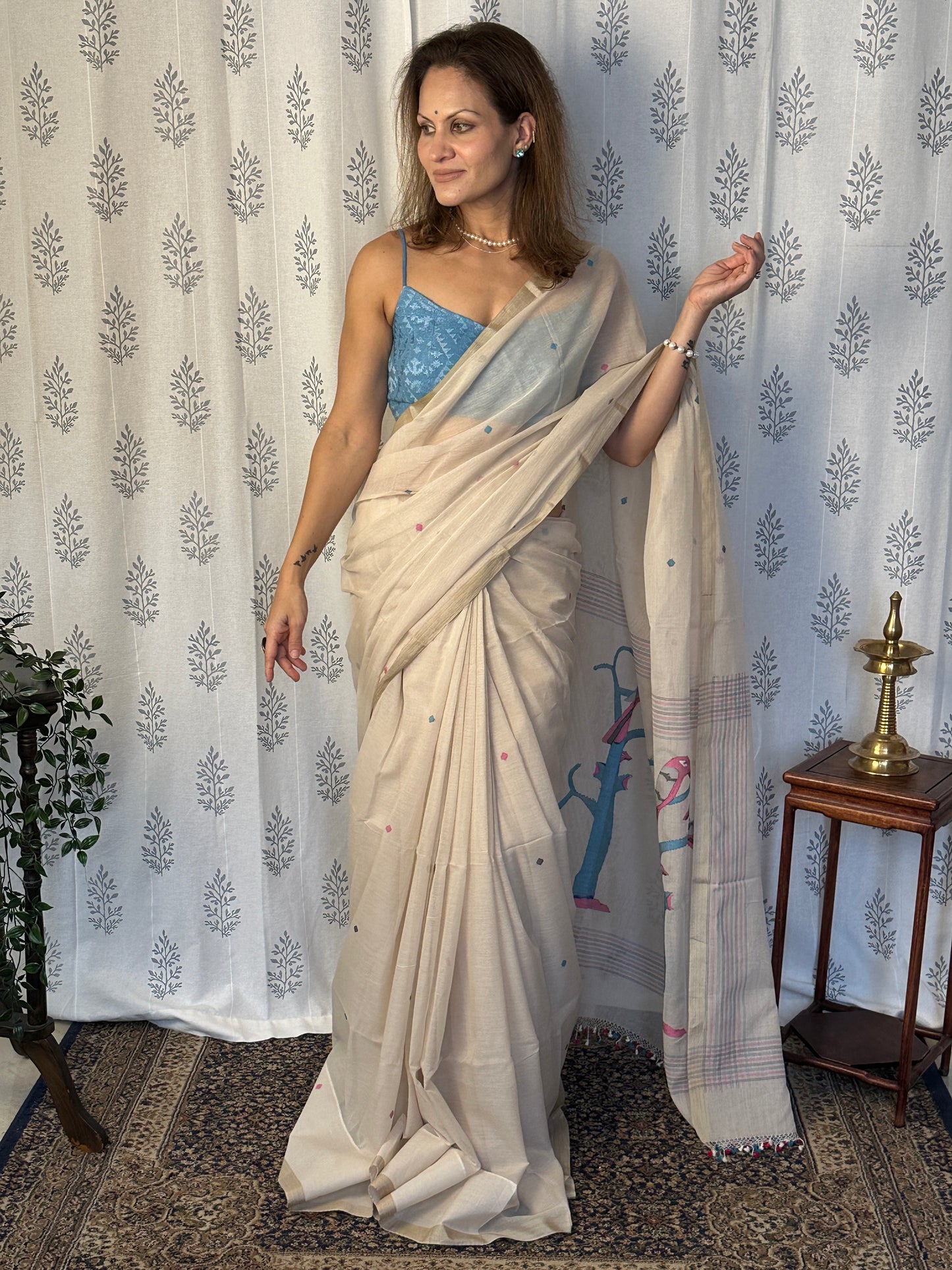 Cream Hand Spun Pure Fine Cotton Jamdani Sari with Intricate Needlework