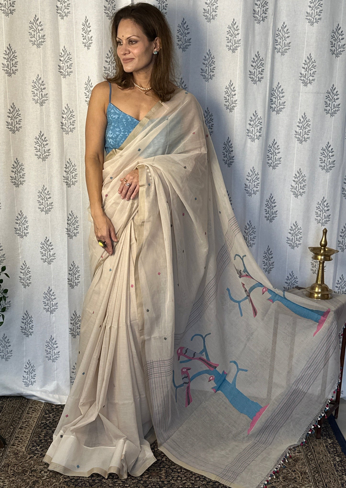 Cream Hand Spun Pure Fine Cotton Jamdani Sari with Intricate Needlework