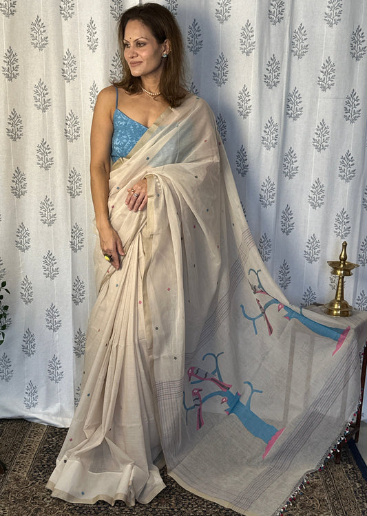 Cream Hand Spun Pure Fine Cotton Jamdani Sari with Intricate Needlework