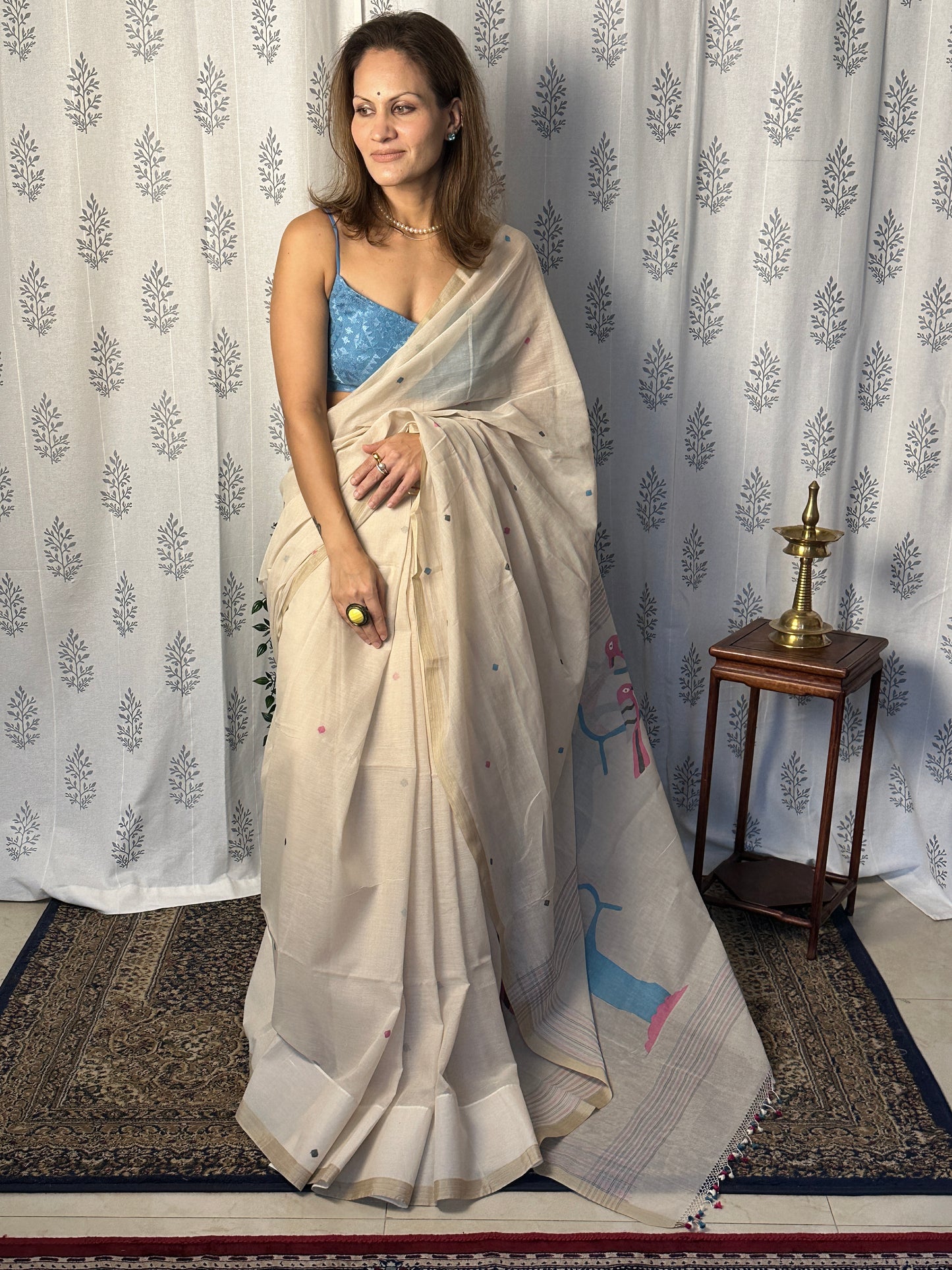 Cream Hand Spun Pure Fine Cotton Jamdani Sari with Intricate Needlework