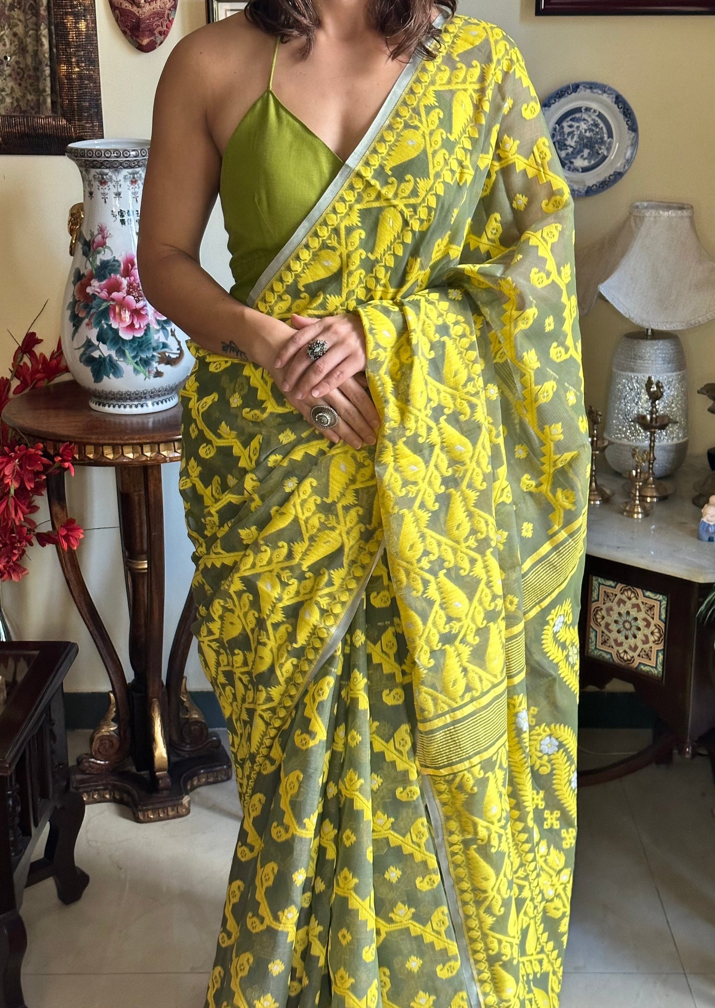 Khaaki Green & Yellow Cotton Silk Jamdani Sari - Raahini