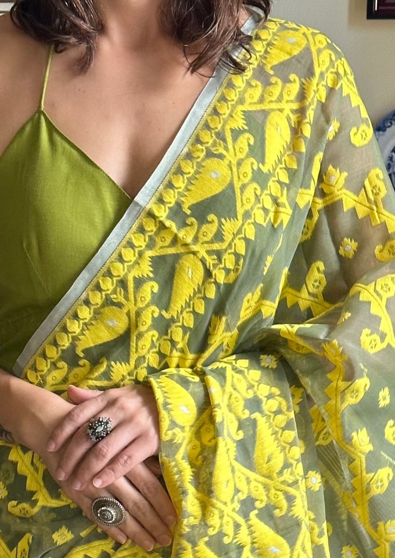 Khaaki Green & Yellow Cotton Silk Jamdani Sari - Raahini