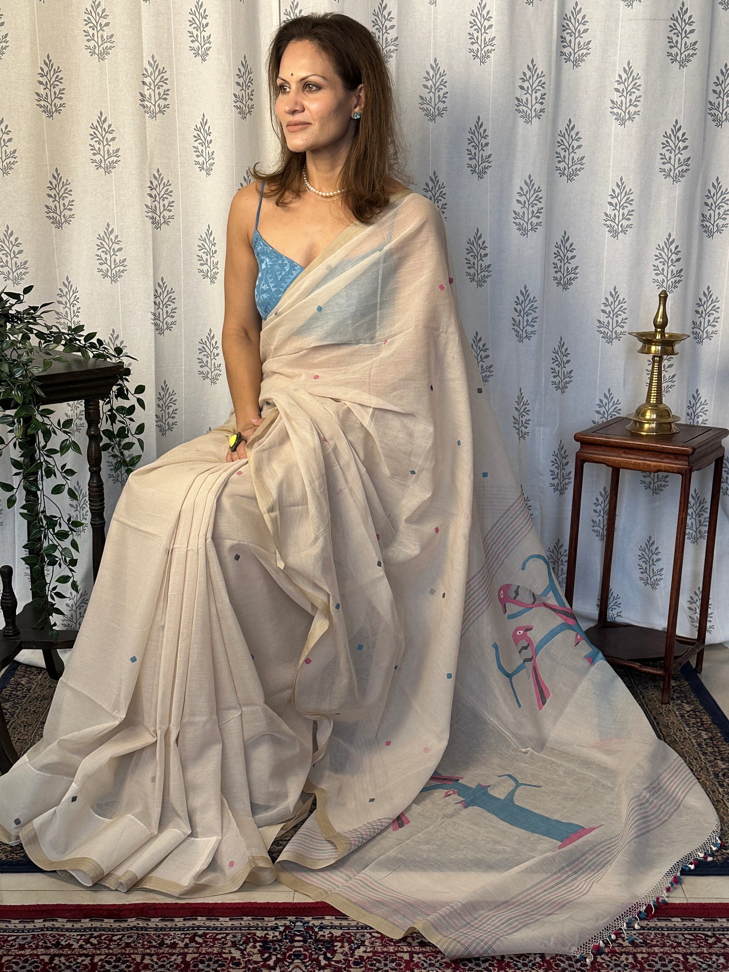 Cream Hand Spun Pure Fine Cotton Jamdani Sari with Intricate Needlework