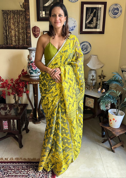 Khaaki Green & Yellow Cotton Silk Jamdani Sari - Raahini