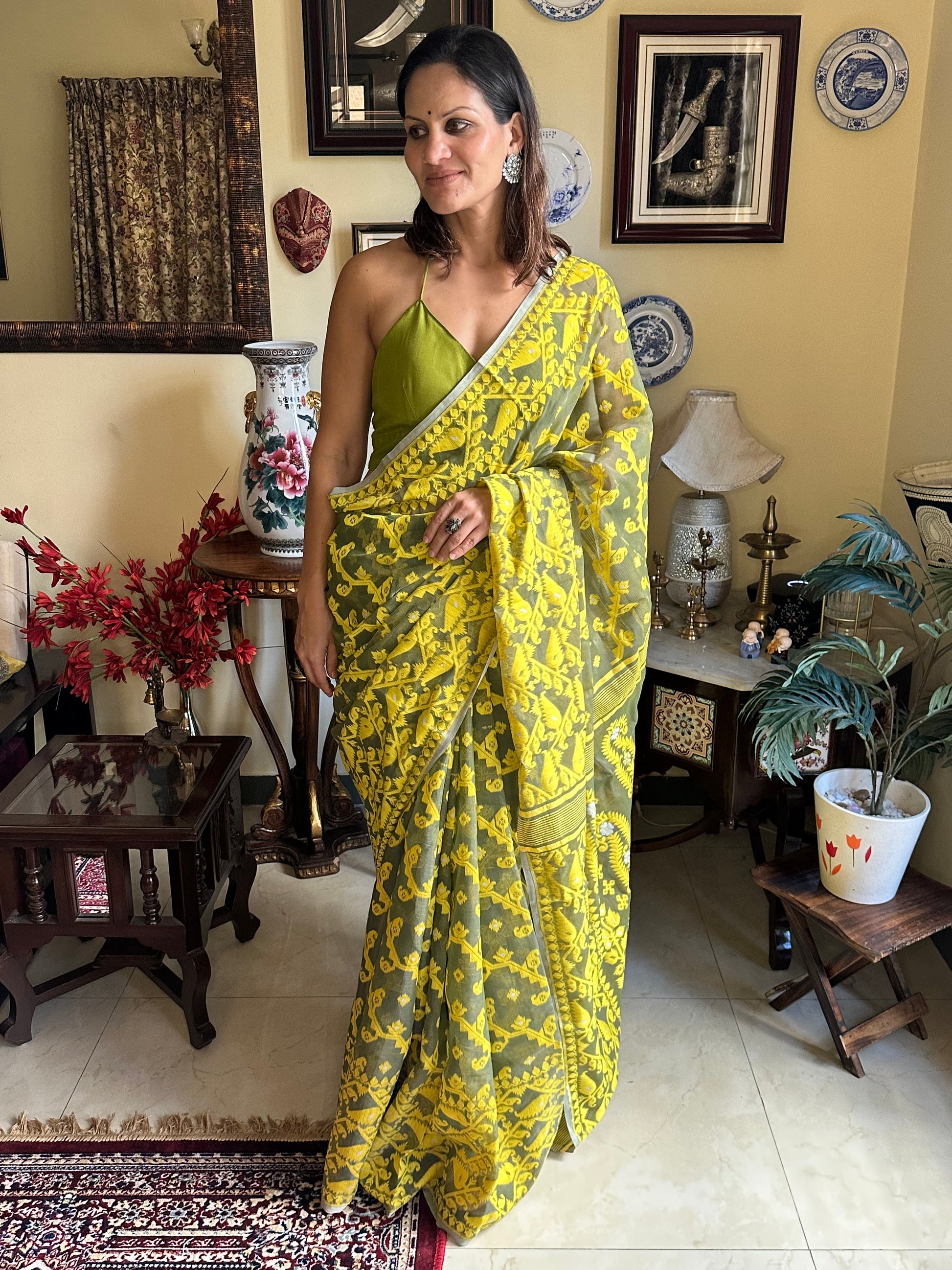 Khaaki Green & Yellow Cotton Silk Jamdani Sari - Raahini