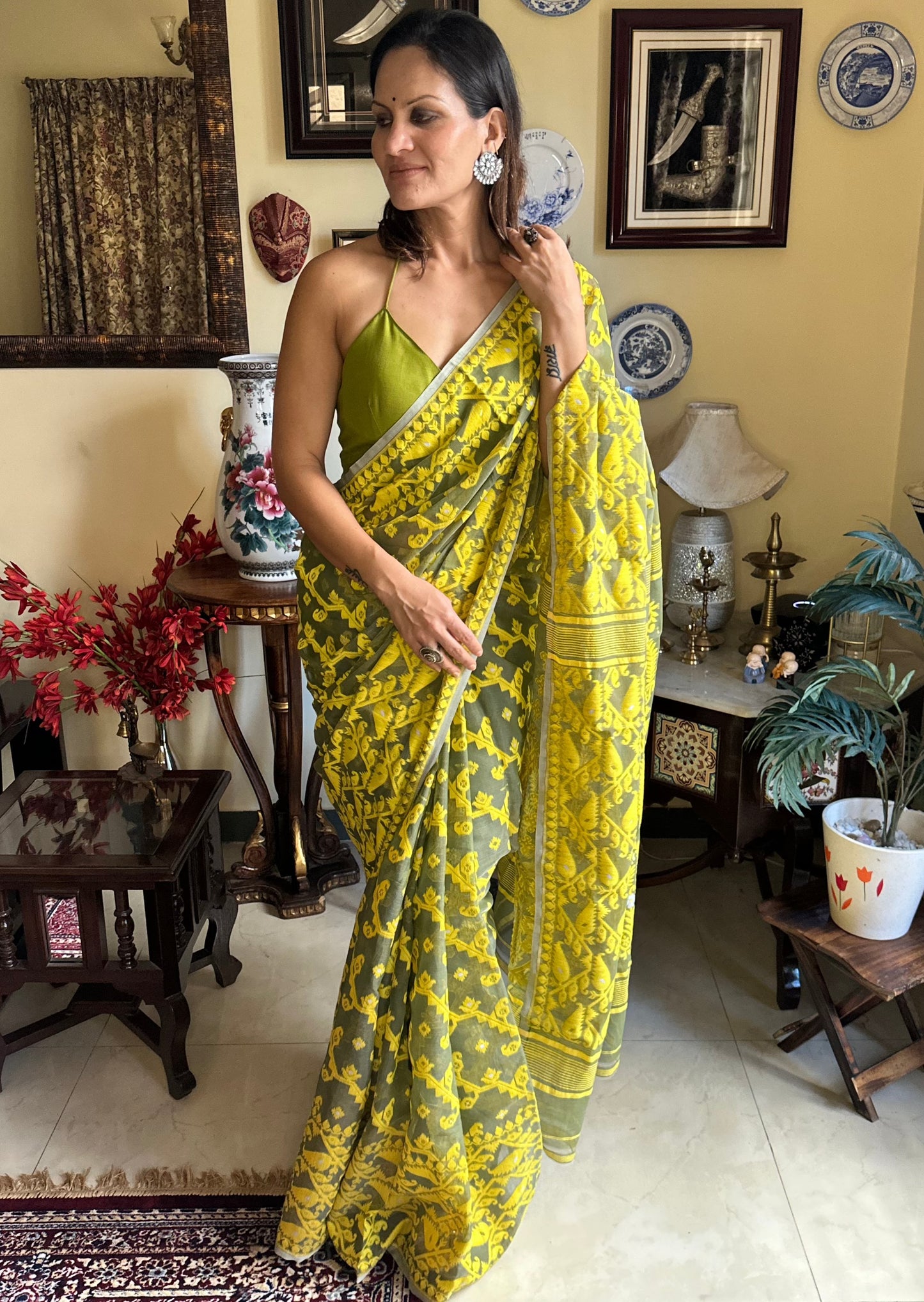 Khaaki Green & Yellow Cotton Silk Jamdani Sari - Raahini