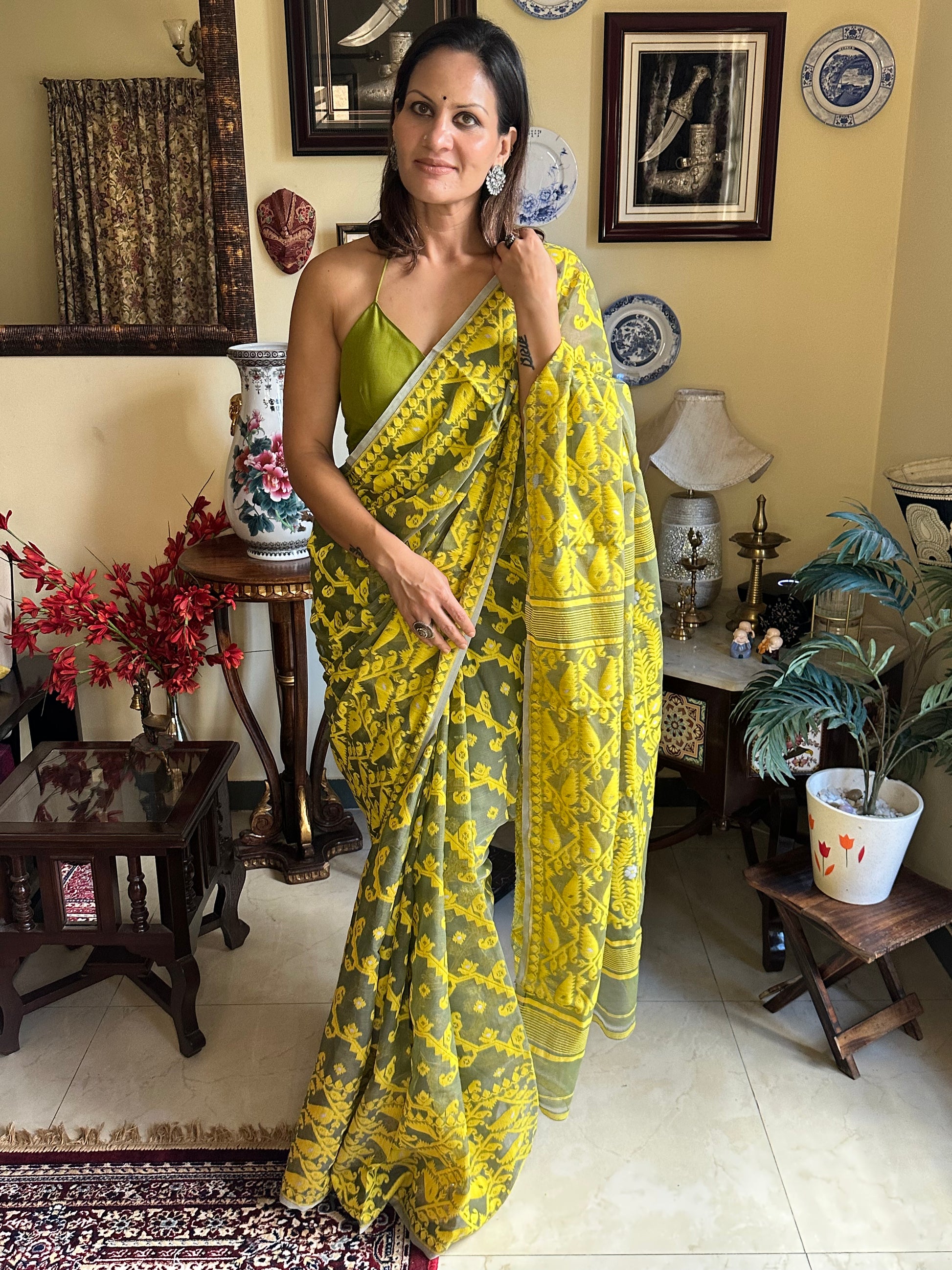 Khaaki Green & Yellow Cotton Silk Jamdani Sari - Raahini