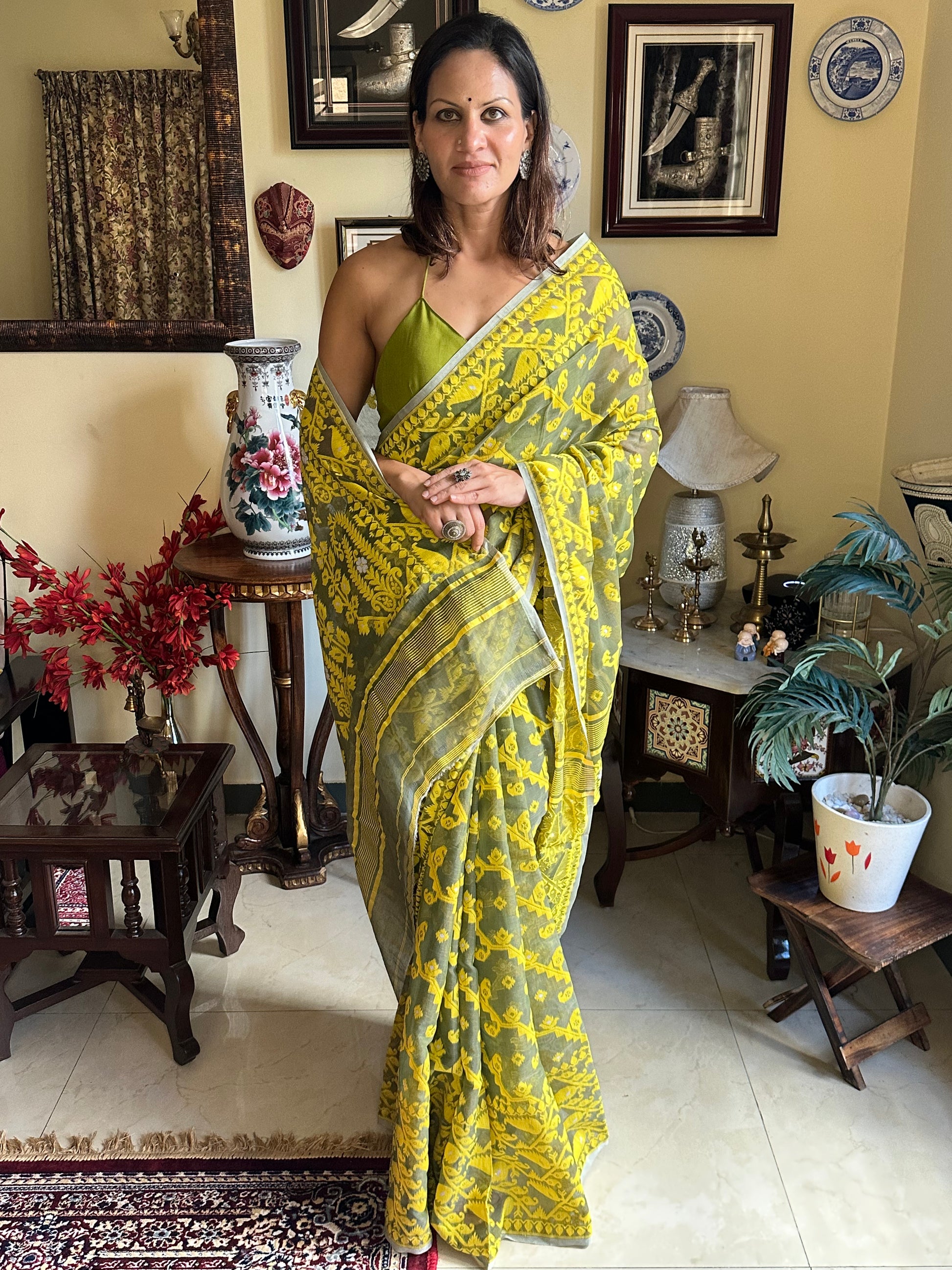 Khaaki Green & Yellow Cotton Silk Jamdani Sari - Raahini