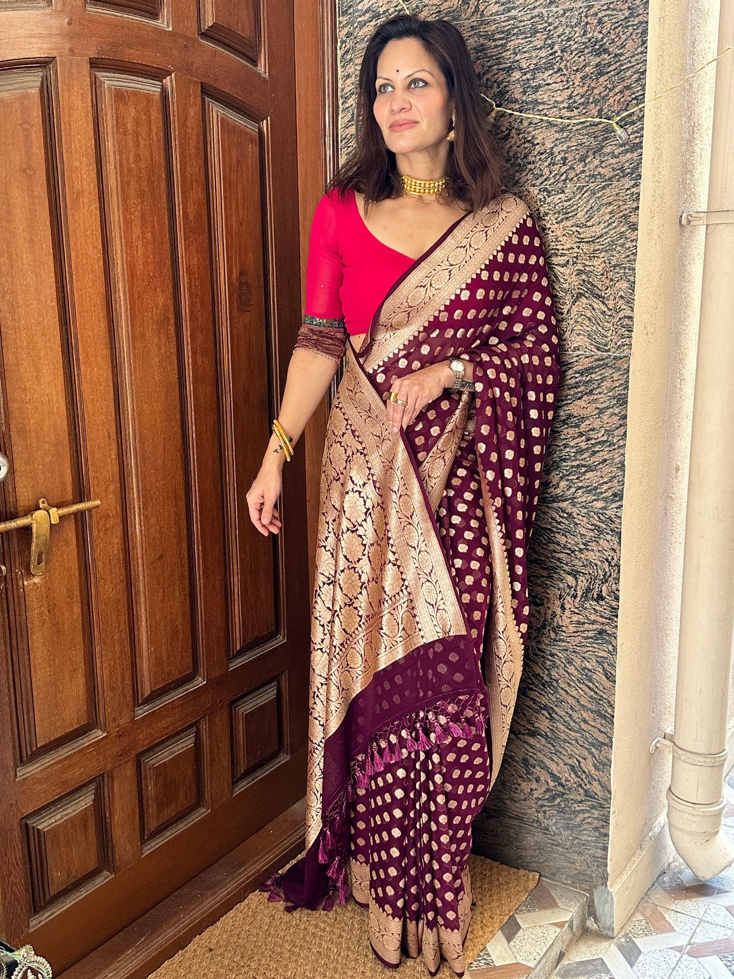 Deep Mauve Banarasi Pure Khaddi Georgette Sari - Raahini